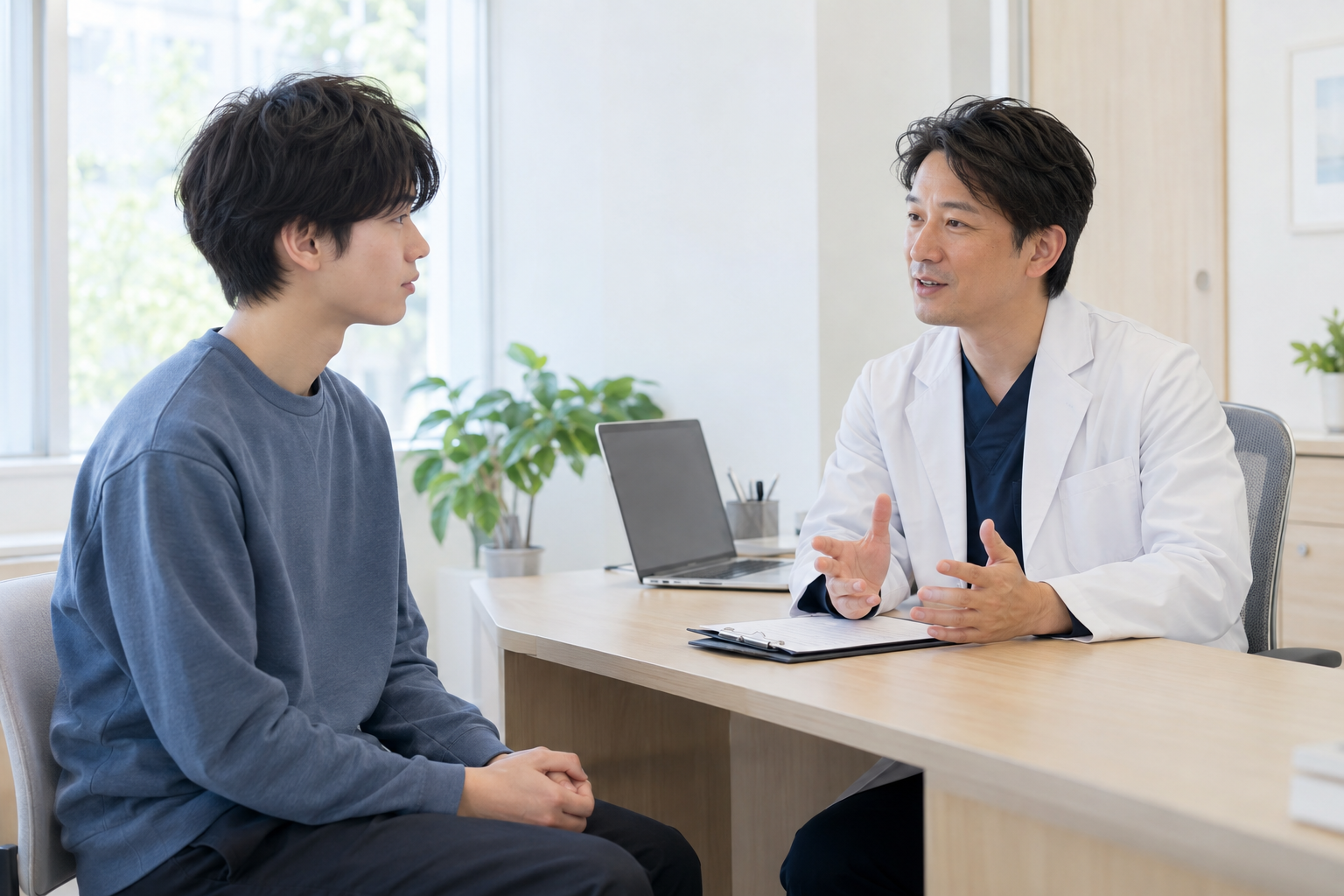 医師が患者の話を聞きながら診察する様子