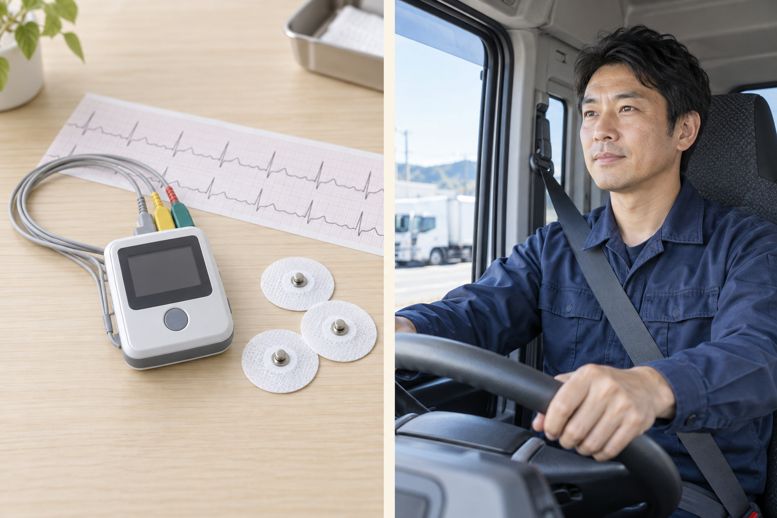 ホルター心電図と、車内でハンドルを握る健康的なトラック運転手