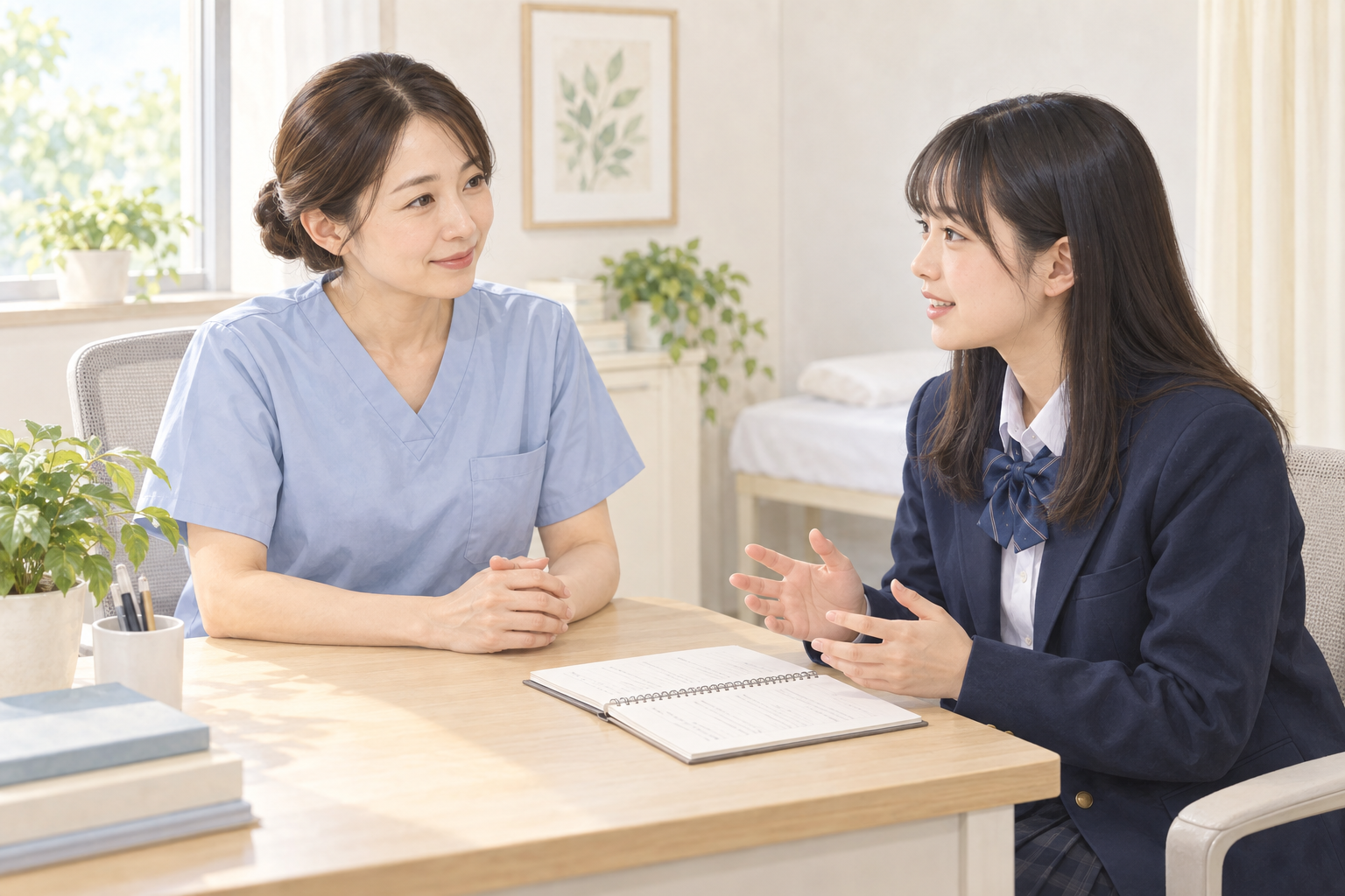 看護師と女子高校生が治療や生活について相談する様子