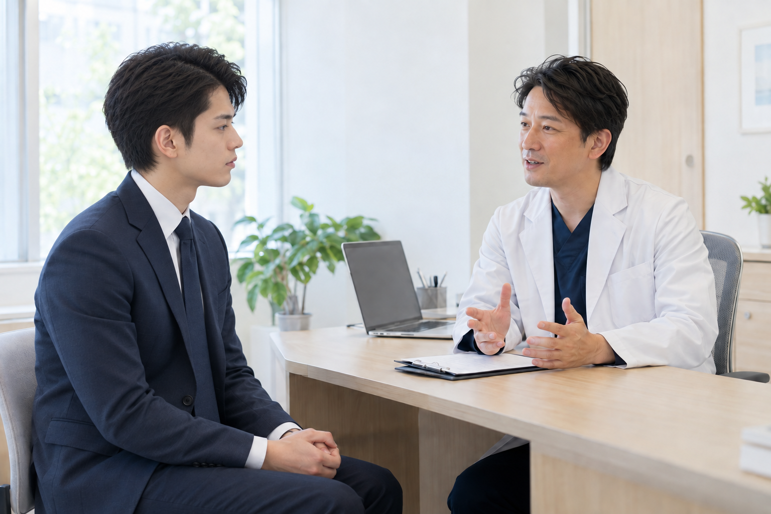 仕事中の写真と同じスーツ姿の男性が医師に相談する写真イメージ
