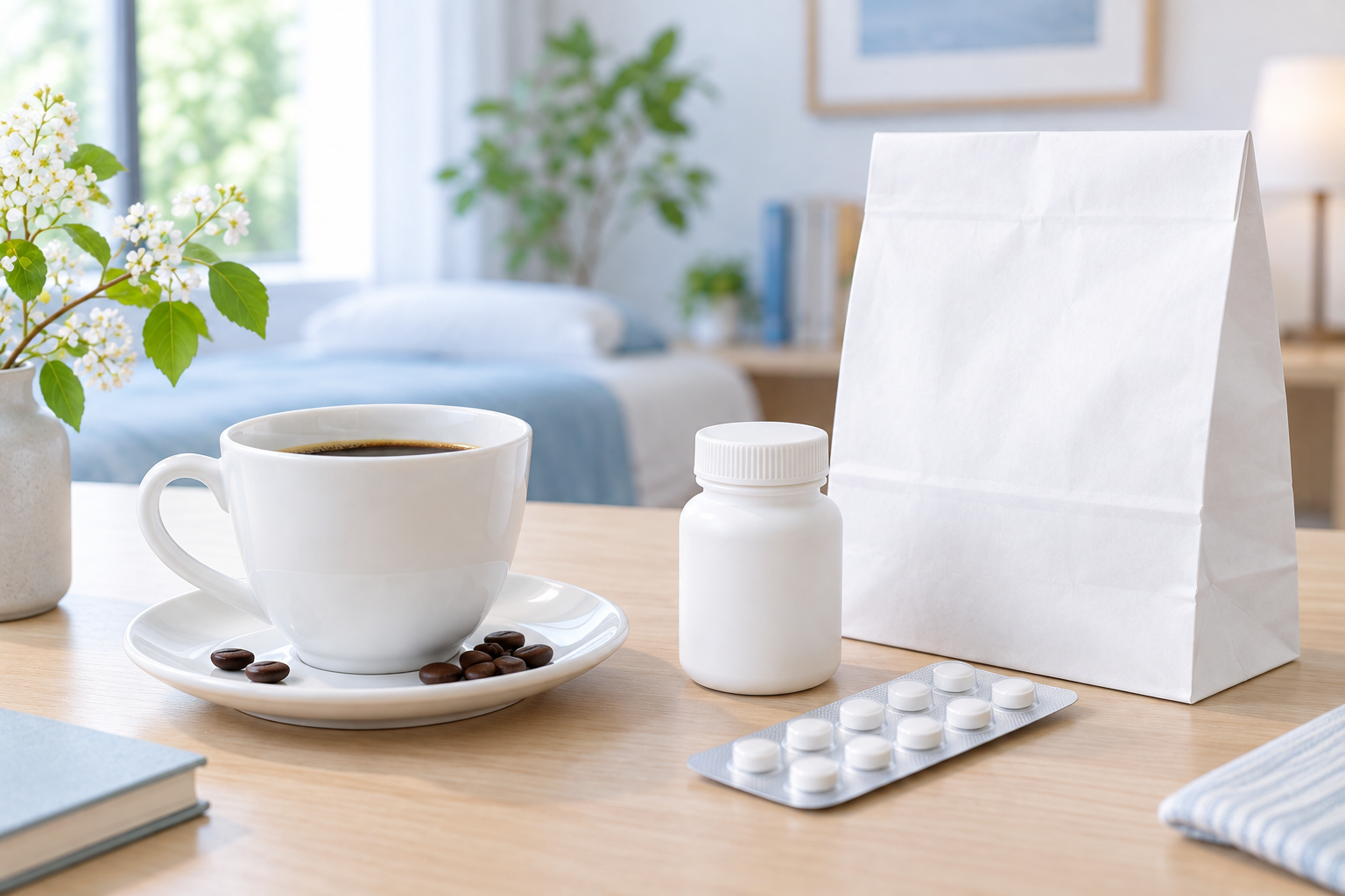 コーヒーと処方薬の袋、錠剤シート、サプリメントの容器を並べた写真イメージ