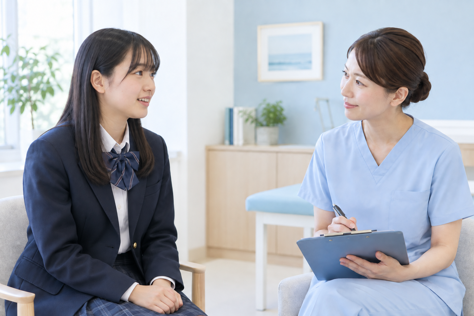 制服の女子高校生と看護師が学校生活の困りごとを相談する写真イメージ