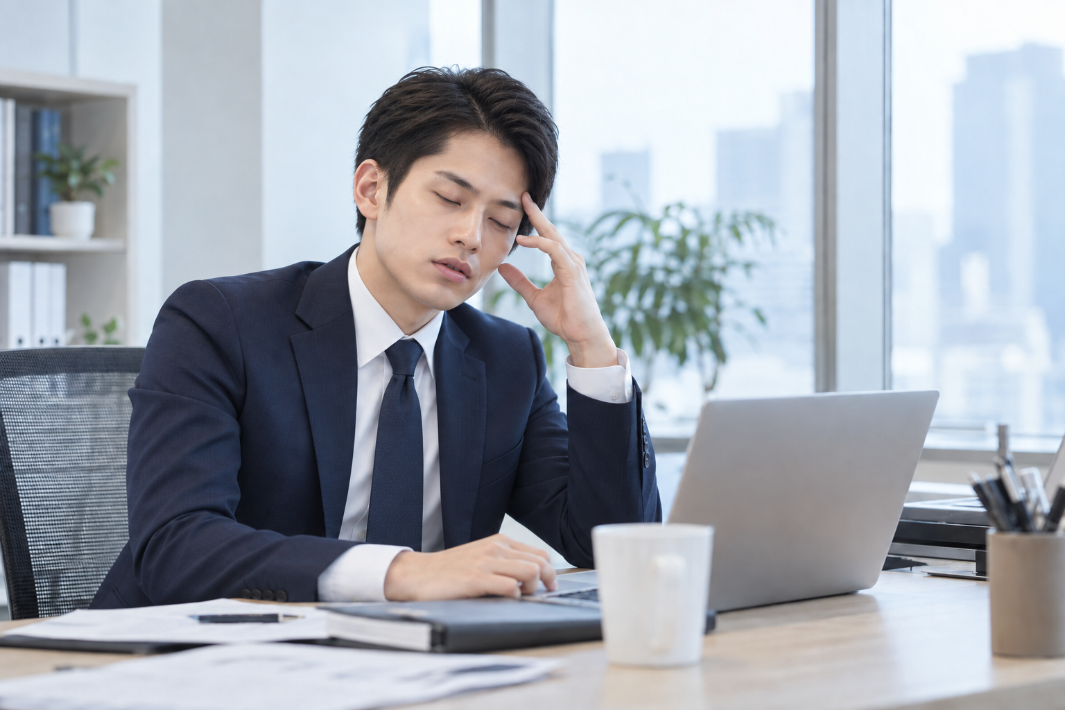 昼間のオフィスで眠気をこらえる、ネクタイを締めた若いビジネスマンの写真イメージ