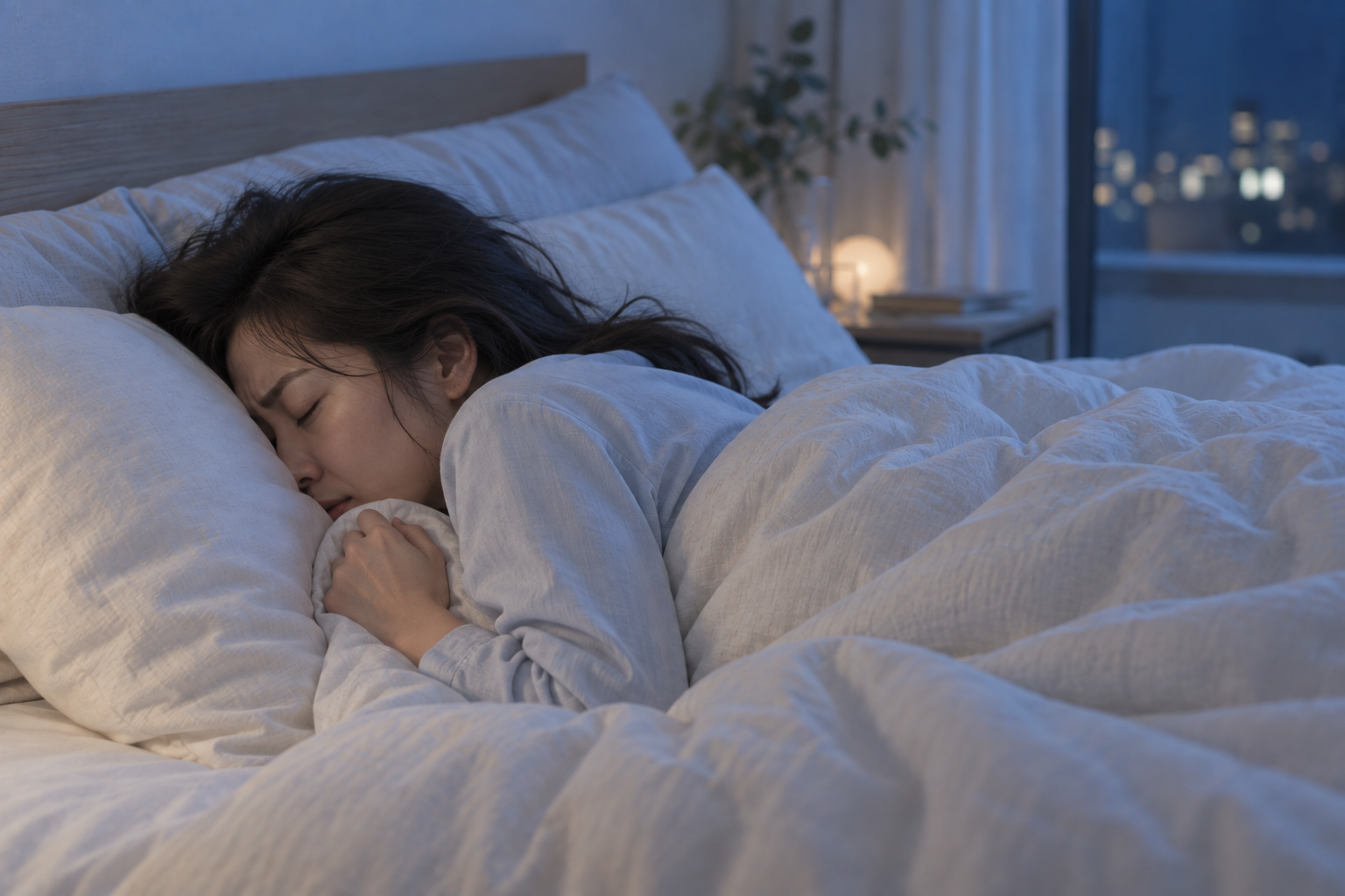 目を閉じて横になり、眠れずに眉を寄せ、布団をそっと握る女性
