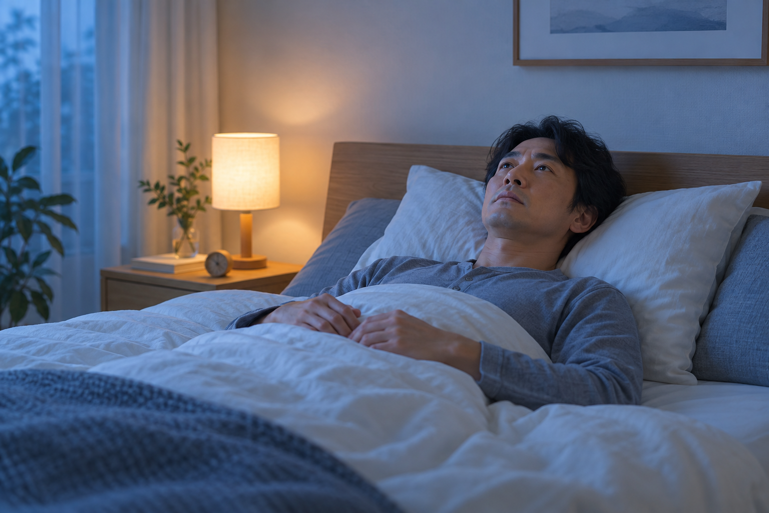 夜の寝室で横になり、眠りを待つ男性