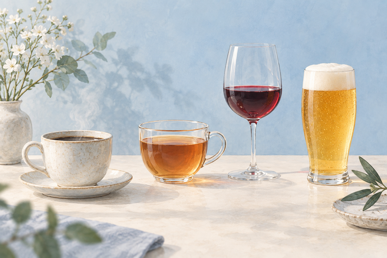 コーヒー、お茶、ワイン、ビールを整然と並べたイラスト