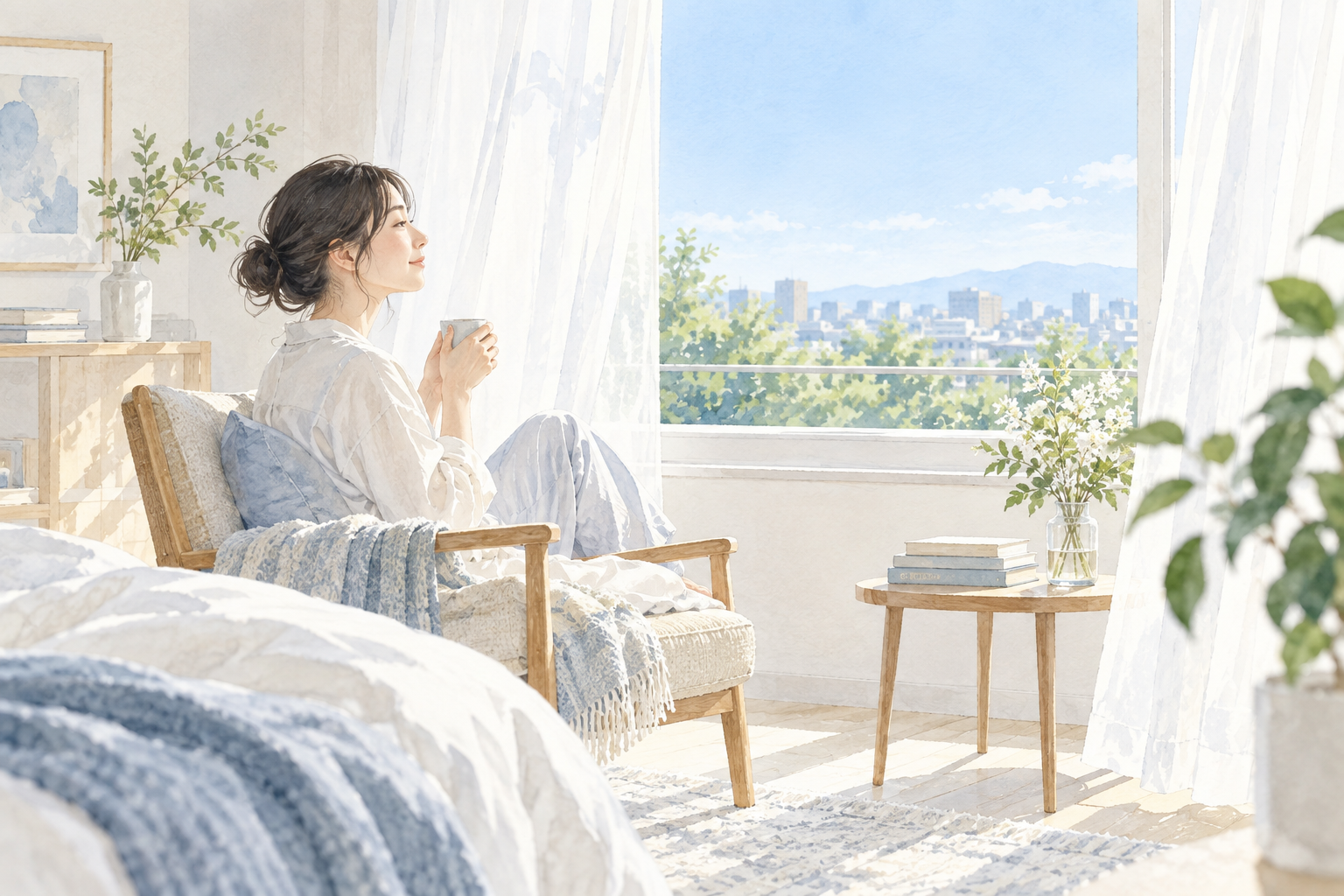 窓から入る朝の光を浴びる女性のイラスト