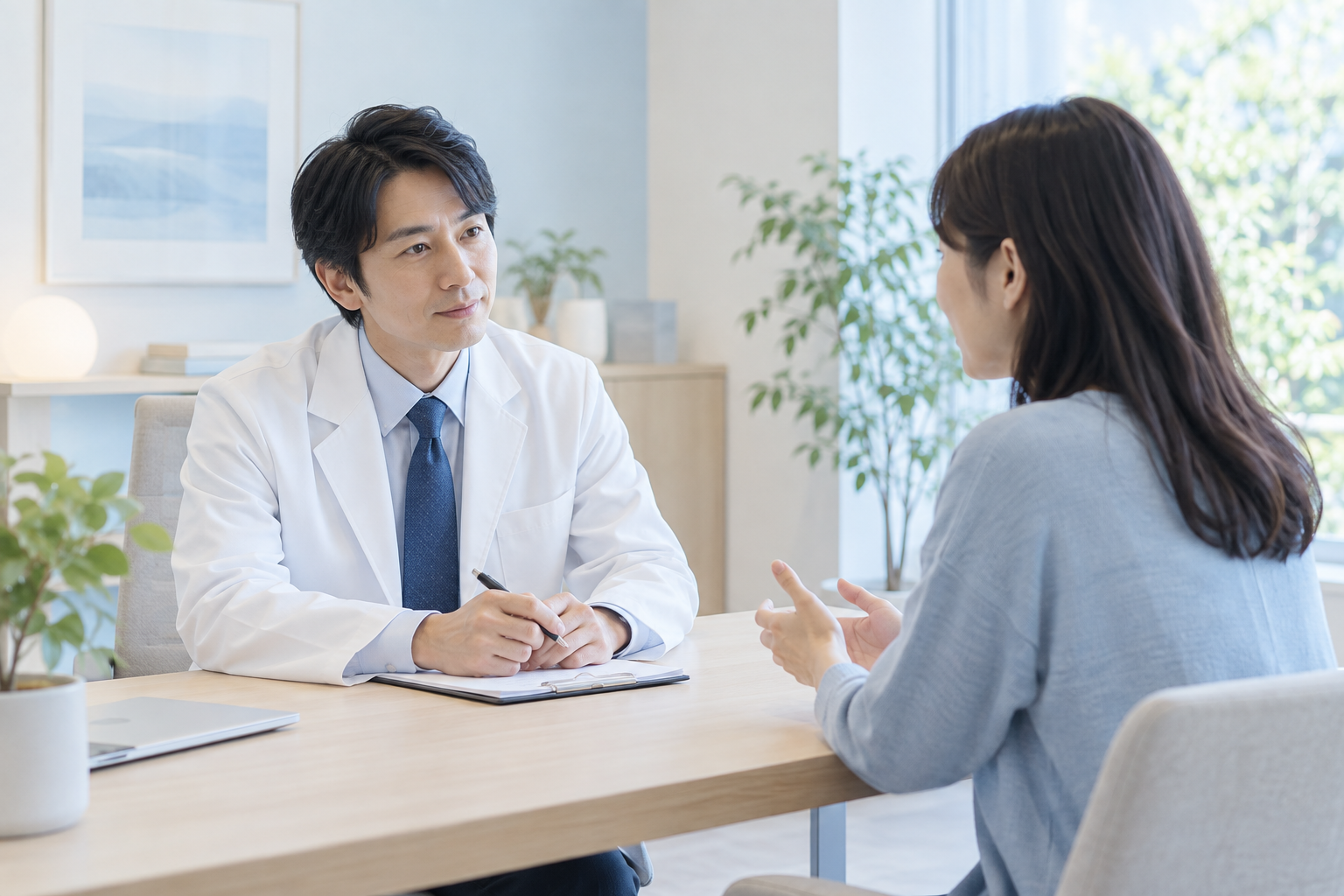 明るい診察室で医師と患者が話す様子