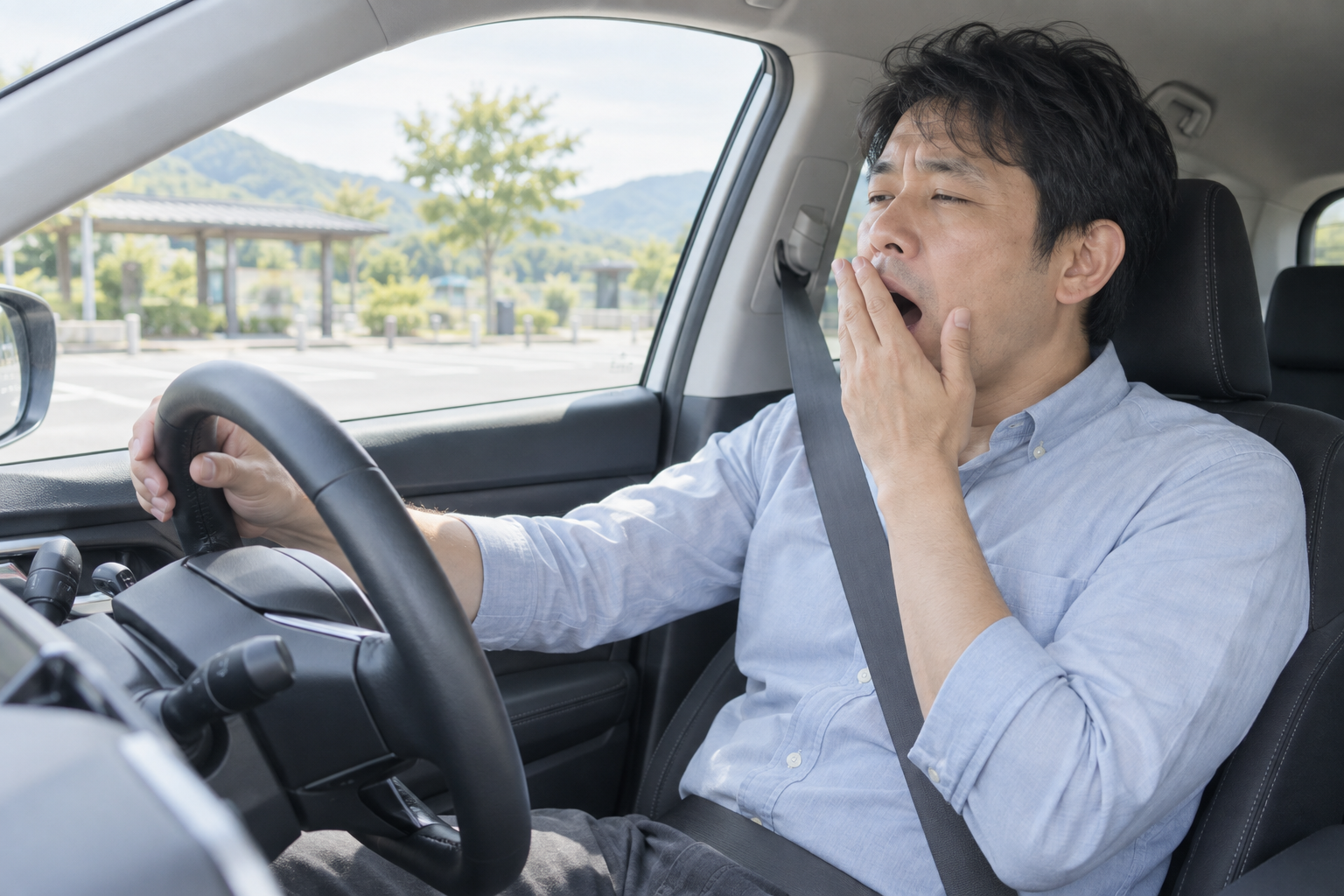 停車中の車でハンドルに手を置き、あくびをする男性