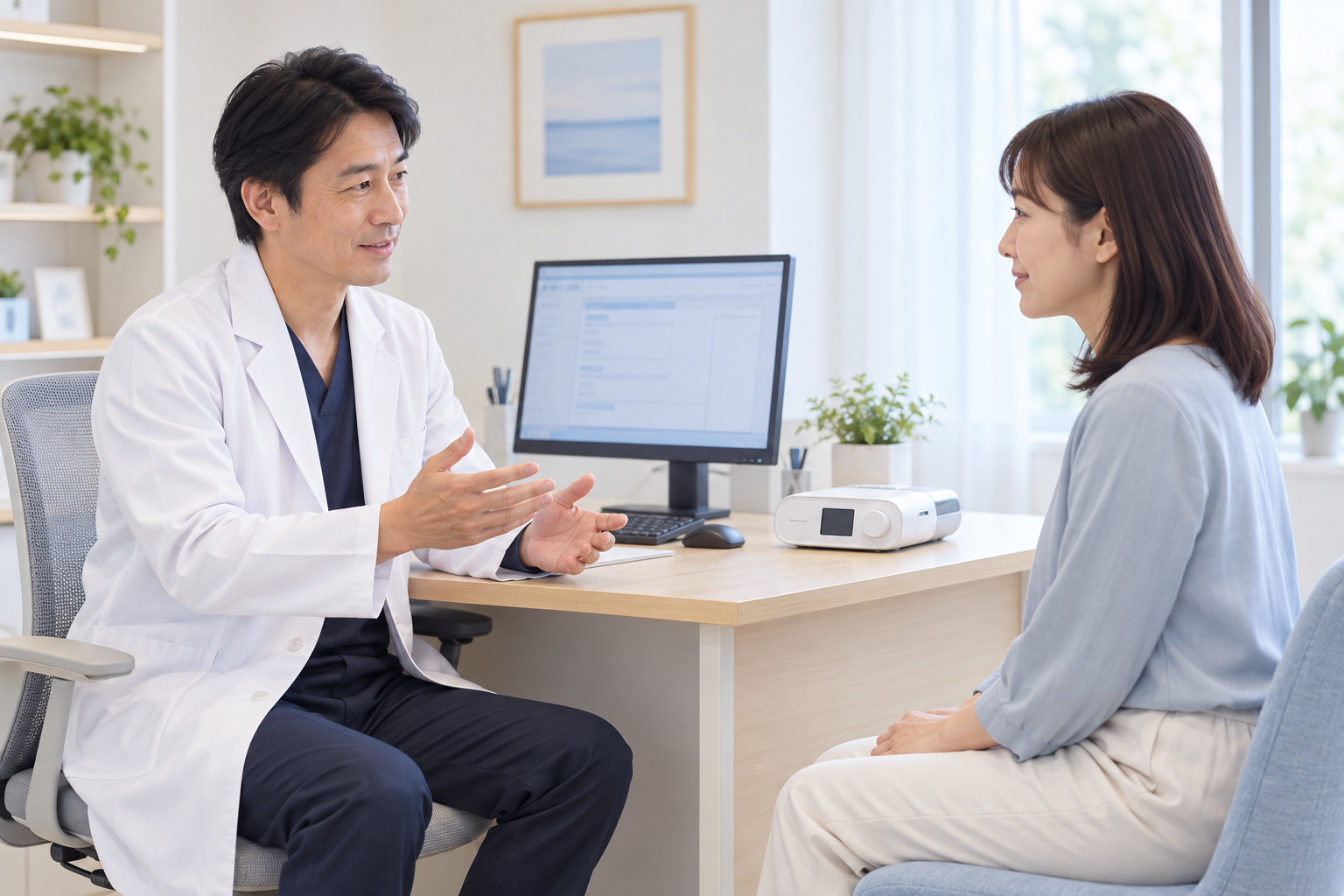 電子カルテ端末と小さなCPAP機器のある診察室で、医師と患者が話す様子