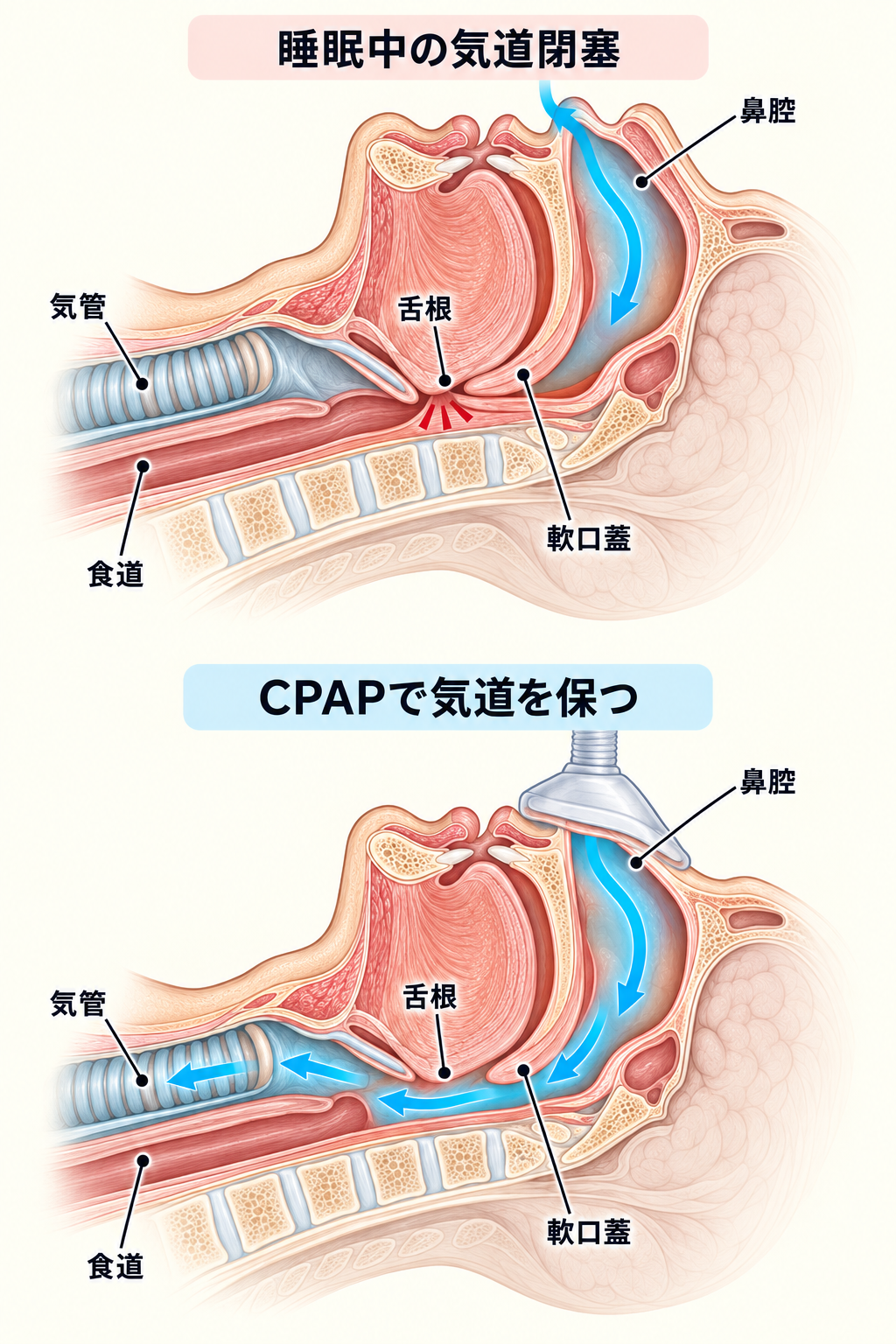上:睡眠中の気道閉塞。下:CPAPで気道を保つ状態。鼻腔・軟口蓋・舌根・気管・食道の部位名を横書きで表示。