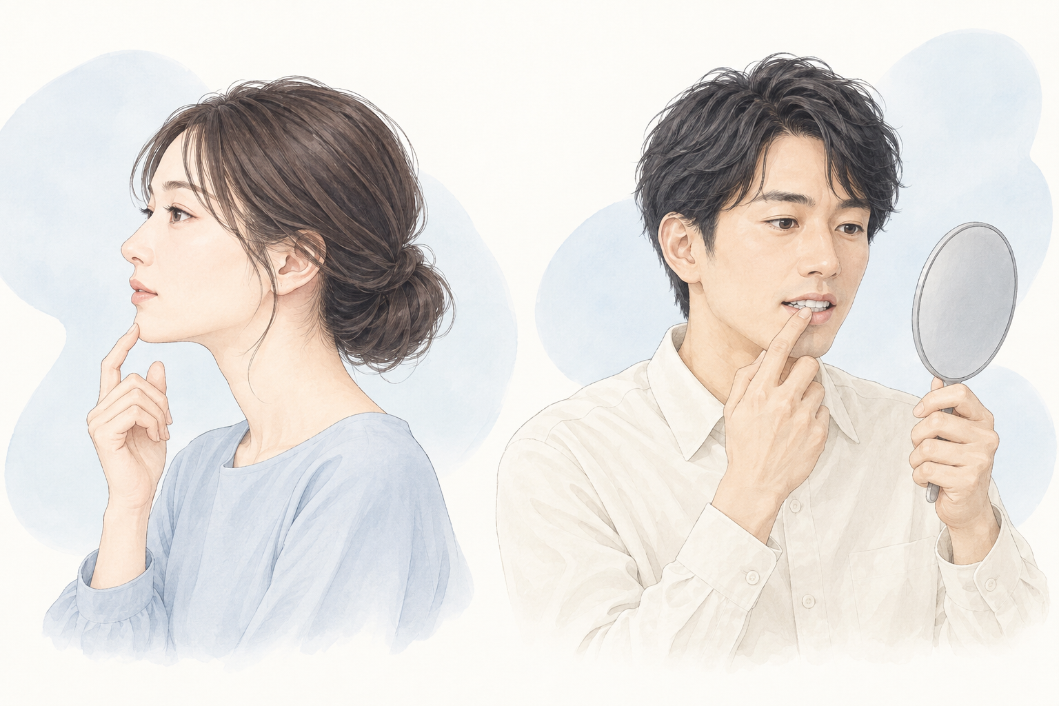 あごの形が気になる女性と、鏡で歯並びを確認する男性のイメージ