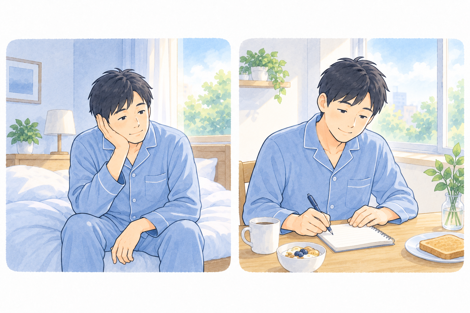 朝、休めた感じが乏しい男性と、起床後の調子を睡眠日誌に記録する男性。