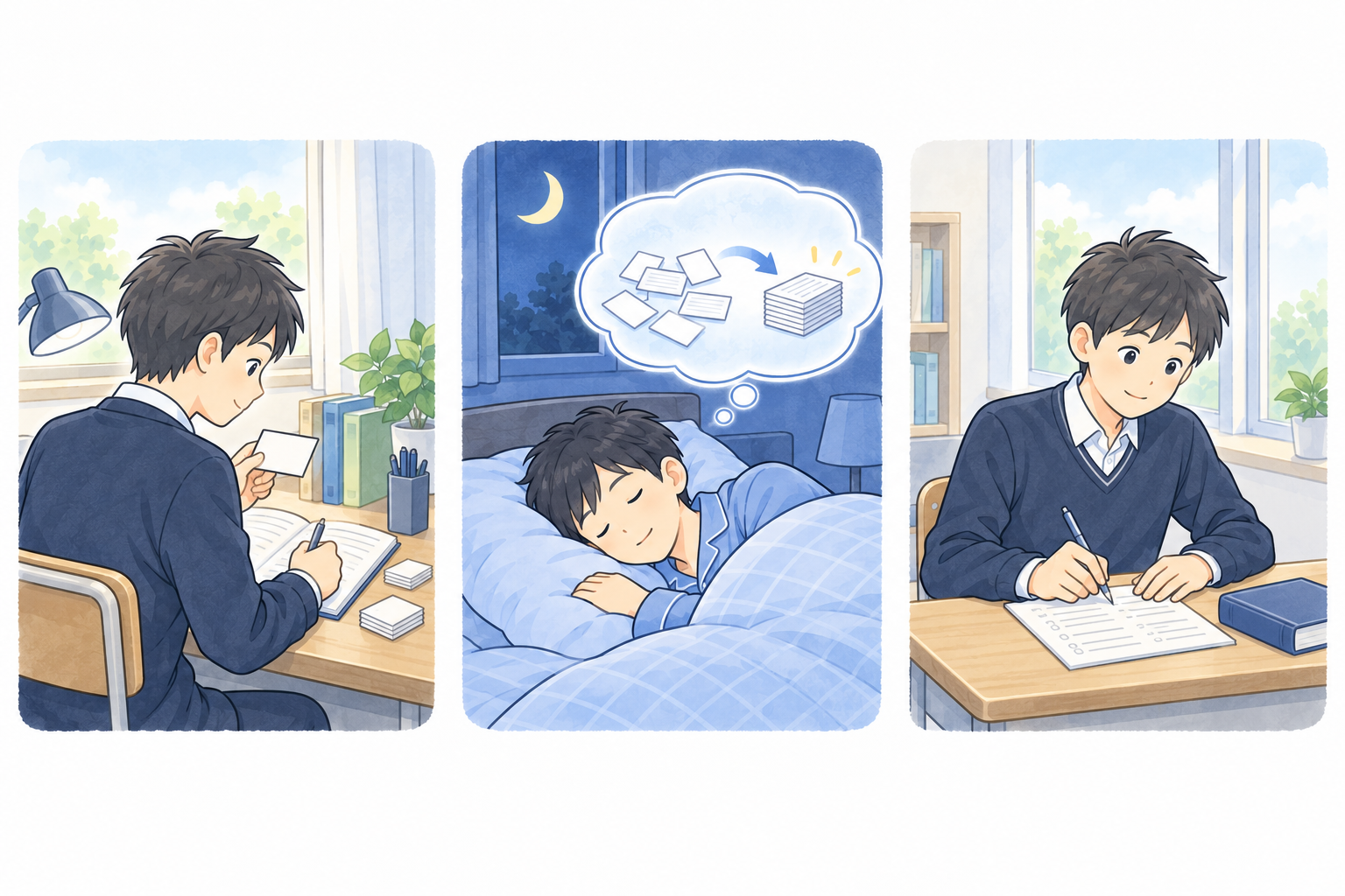 単語カードで学び、夜に眠り、翌朝に本を閉じて思い出す高校生。