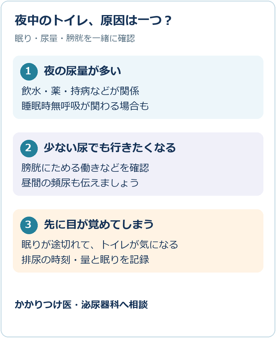 夜間頻尿の原因は、夜の尿量、膀胱にためる働き、睡眠の中断など。排尿時刻・量と睡眠を記録し、医師へ相談する。
