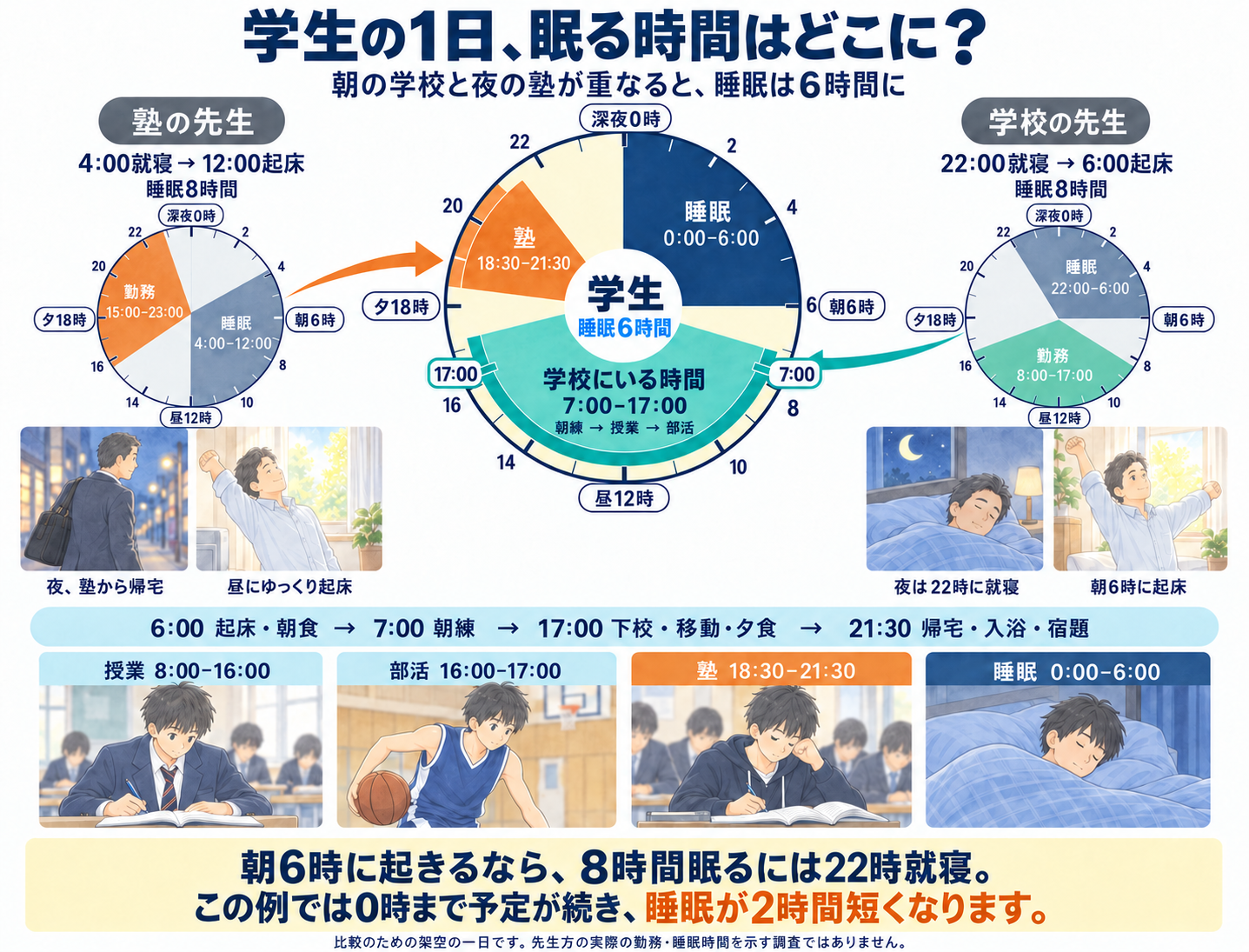 左は塾の先生で勤務15〜23時をオレンジ、右は学校の先生で勤務8〜17時を緑に表示。中央の学生は学校7〜17時、塾18時30分〜21時30分、睡眠0〜6時。柔らかなイラストで授業、部活、夜の塾、就寝を示す。