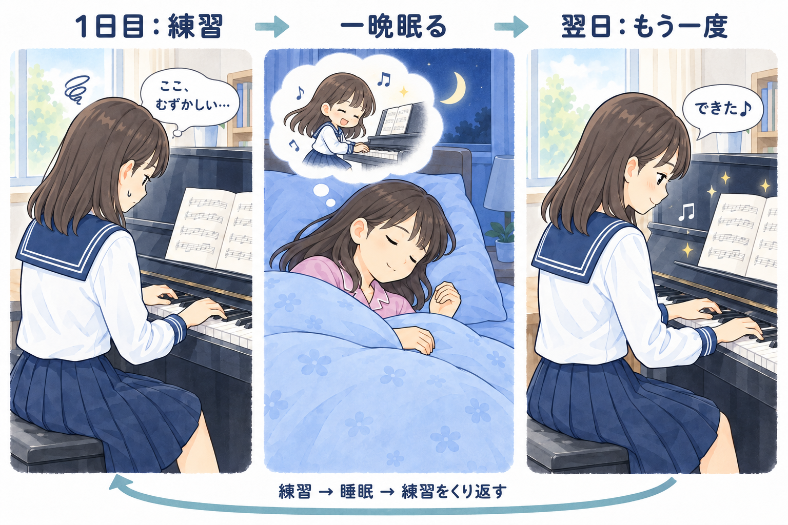 1日目はピアノの難しい部分に戸惑い、一晩眠り、翌日もう一度練習して笑顔になる女の子。夢の吹き出しではちびキャラがピアノを練習。矢印で練習と睡眠の繰り返しを示す。