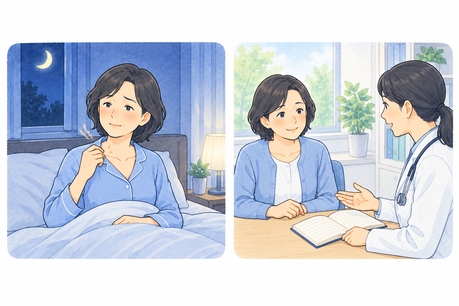 夜のほてりが気になる女性と、症状を記録して医師に相談する女性。