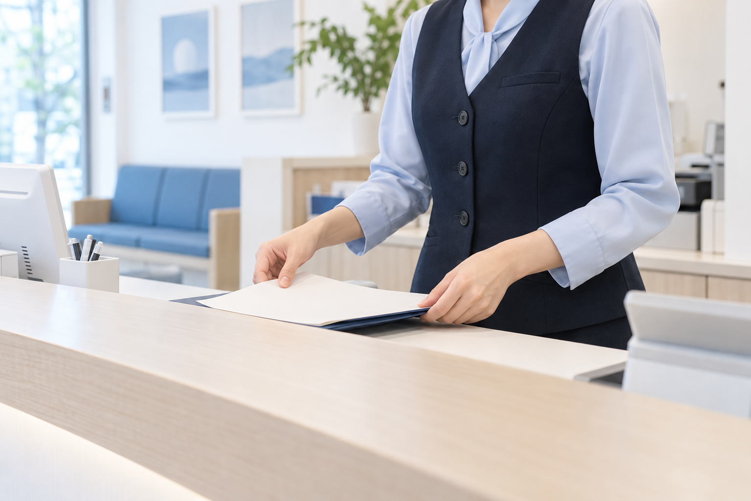 受付の制服姿で書類を整える女性の手元