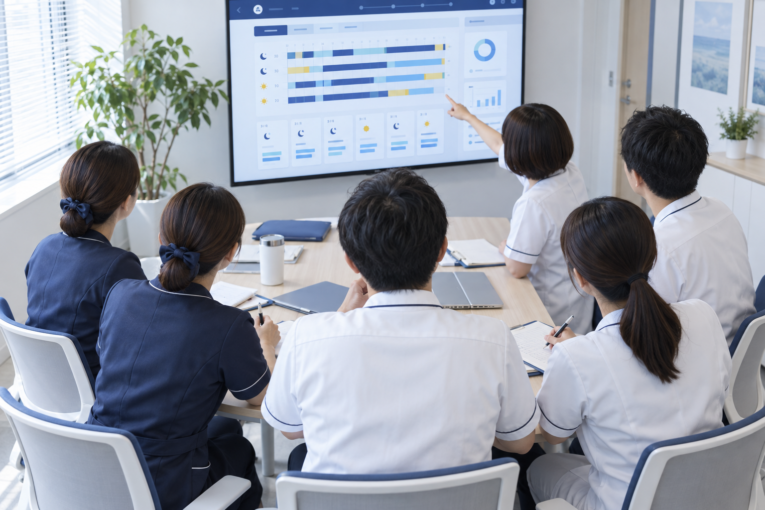 複数のスタッフが画面を共有して改善案を話し合う後ろ姿