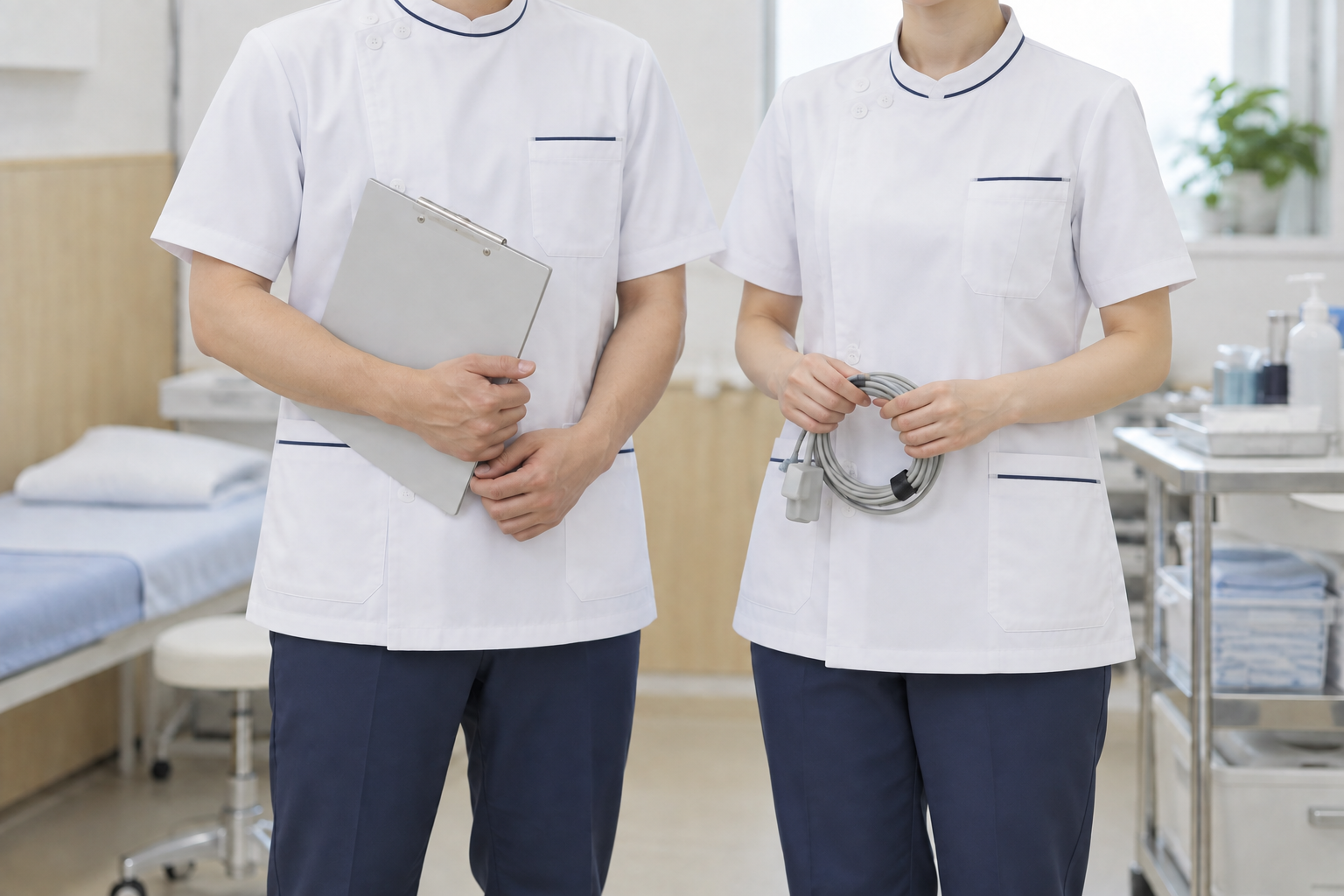 白いケーシーと紺のズボンを着用し、検査資料と機器を持つ男女の臨床検査技師の手元