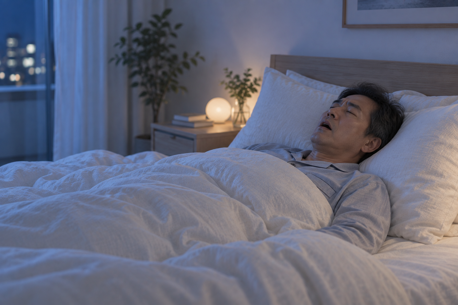 夜の寝室で、口を開けて仰向けに眠る男性