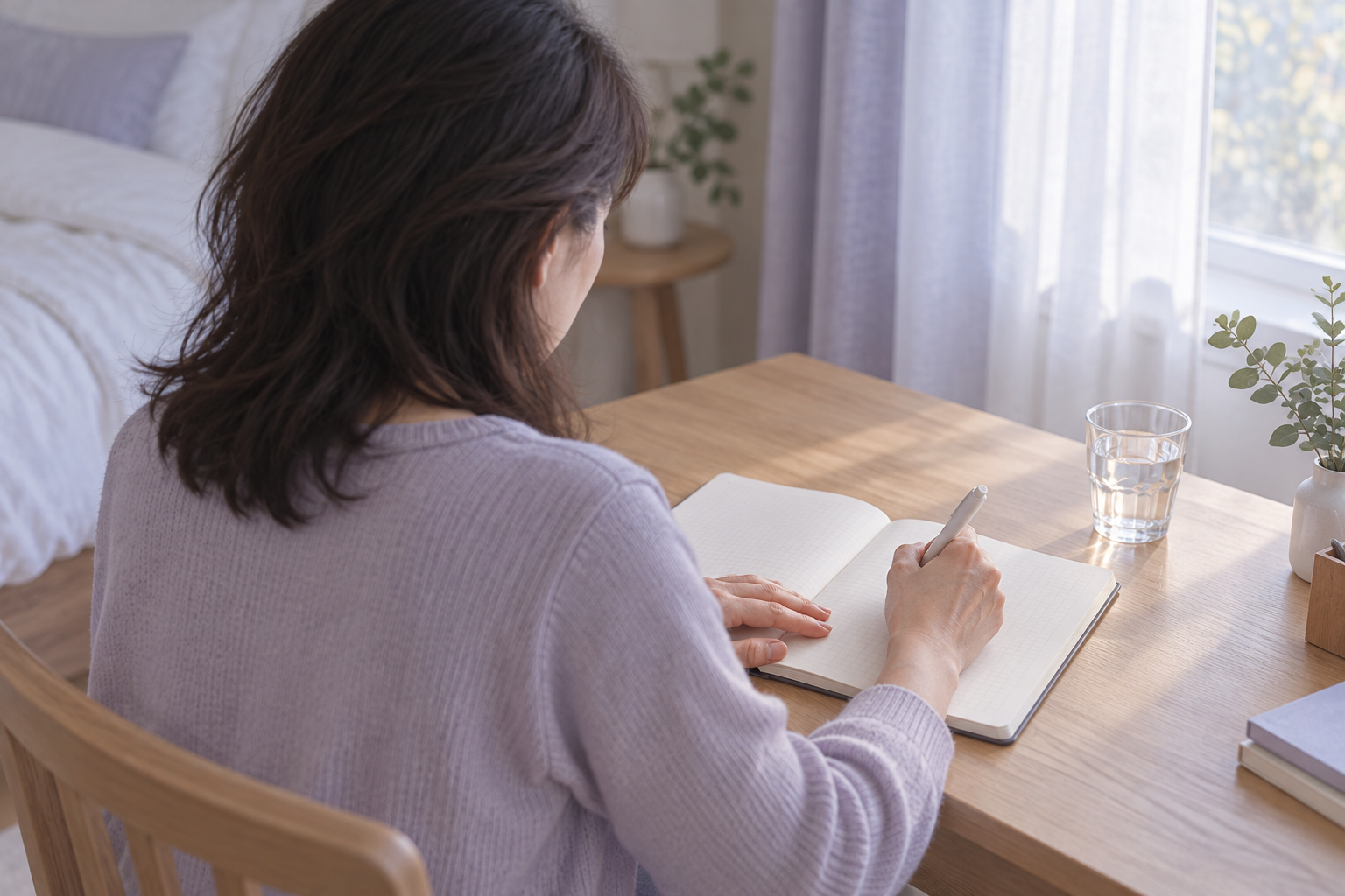 朝の光が入る部屋で、睡眠日誌を書き込む女性の後ろ姿