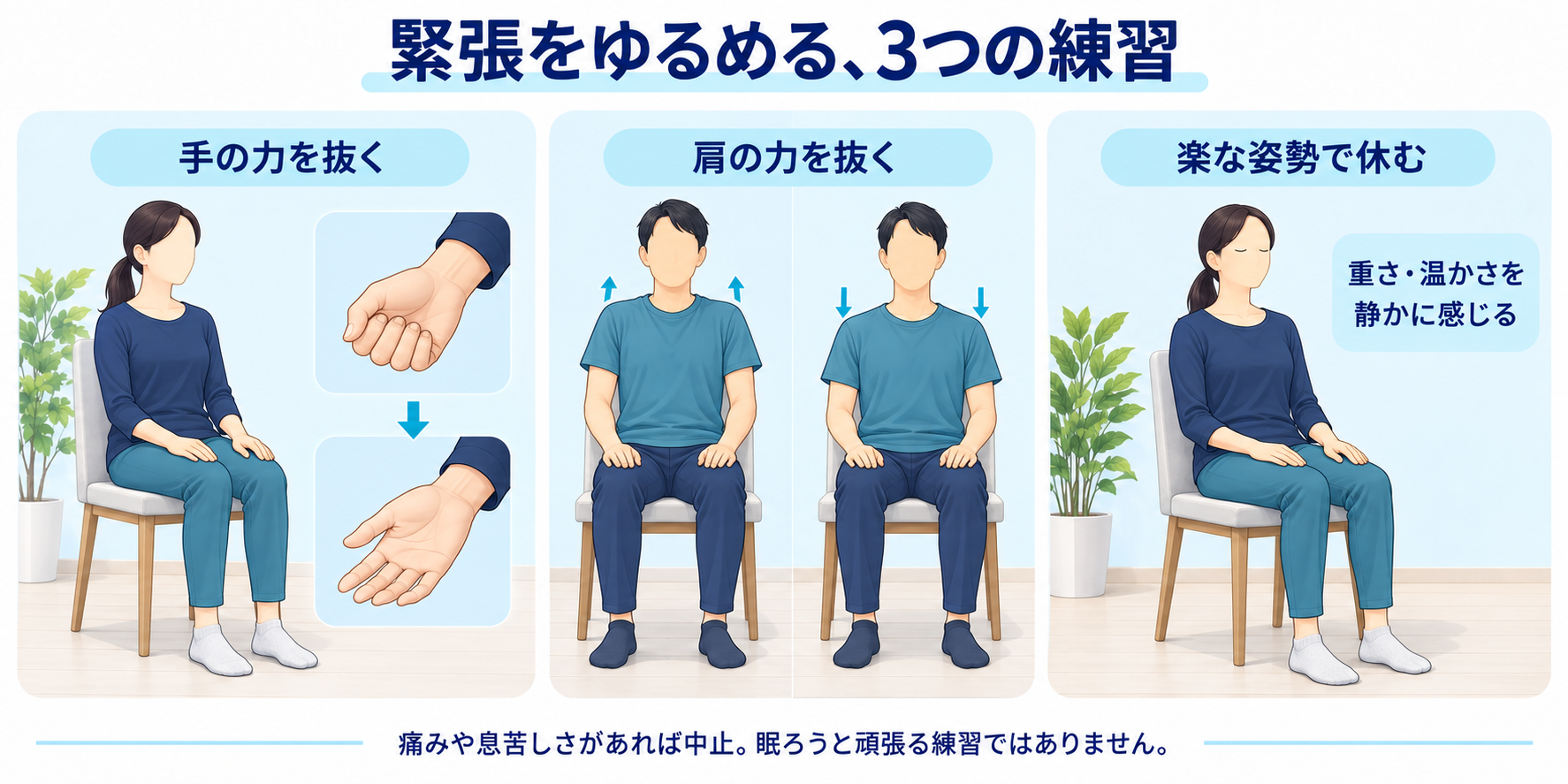 座位で手の力を抜く、肩をゆるめる、手足の重さや温かさに静かに注意を向ける3つの練習
