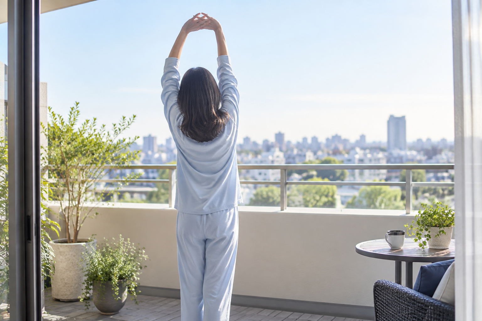 朝の日光が差す場所で背伸びをする人の後ろ姿