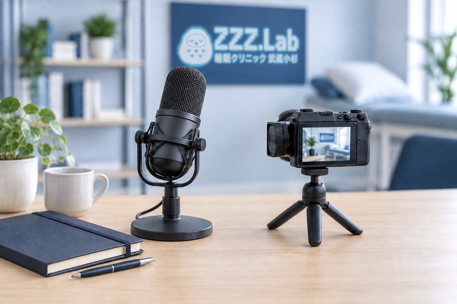 マイクとカメラ、背景と液晶にぼかしたZZZ.Labのロゴが映るメディア制作のイメージ