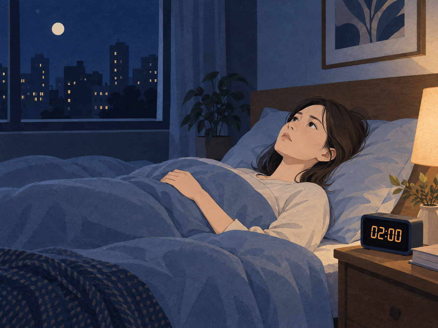 深夜になっても目がさえ、ベッドで眠れずにいる人