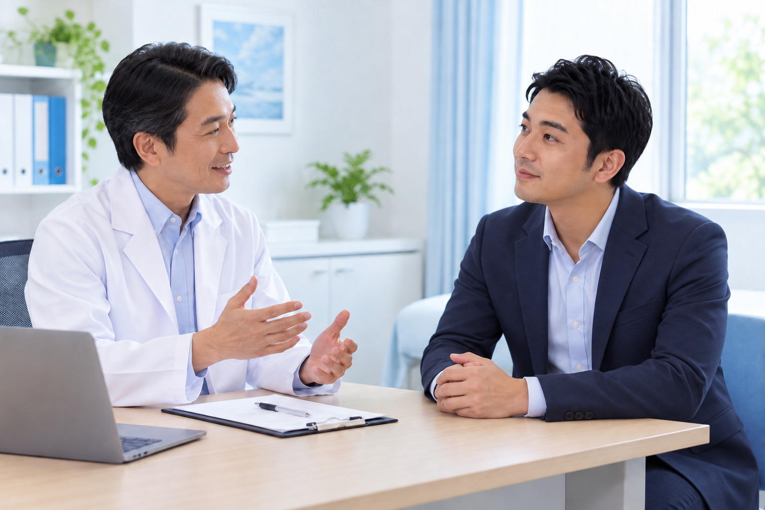 ジャケット姿の患者が医師から在宅PSGの説明を受ける様子