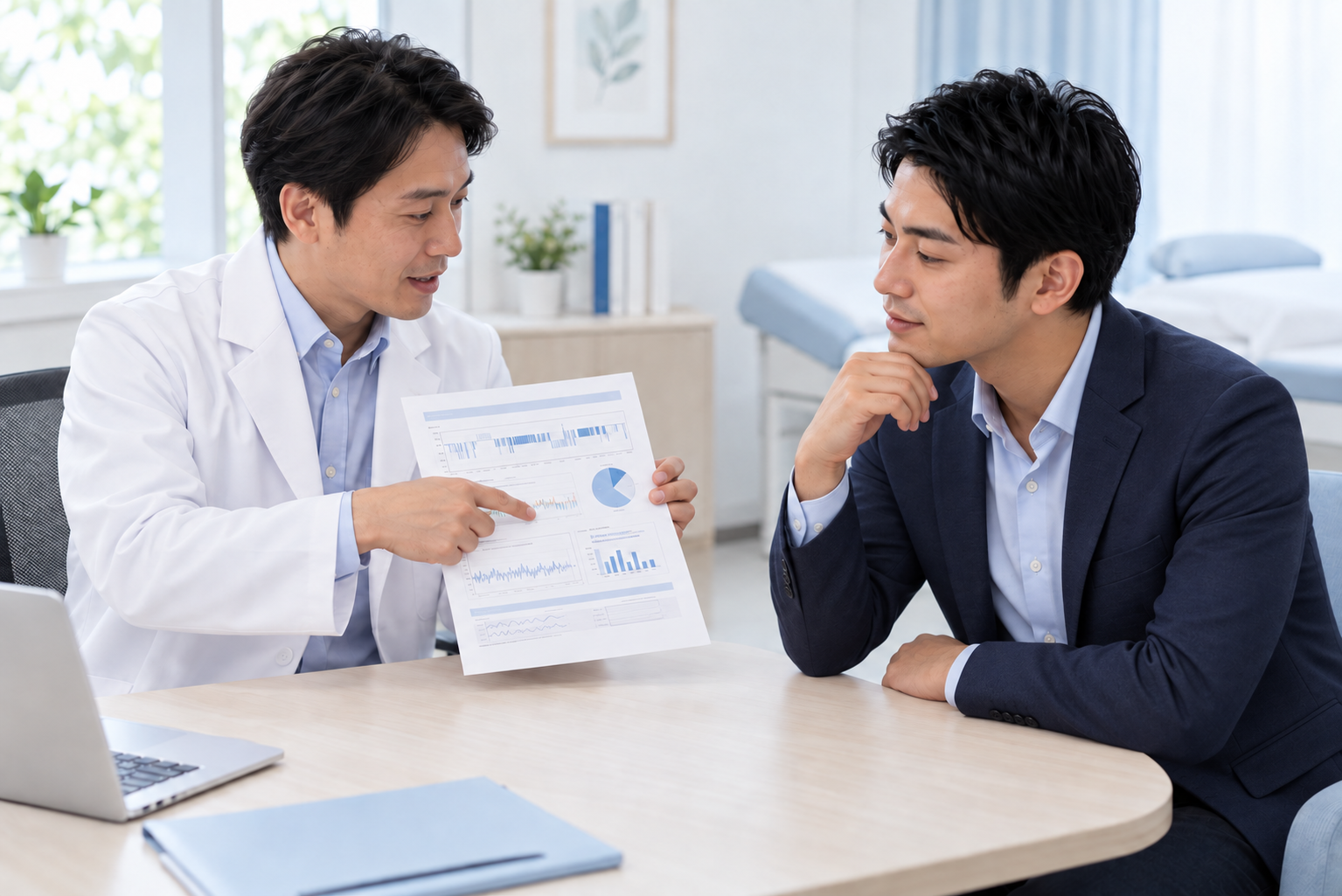 ジャケット姿の患者が検査結果の説明を受ける様子