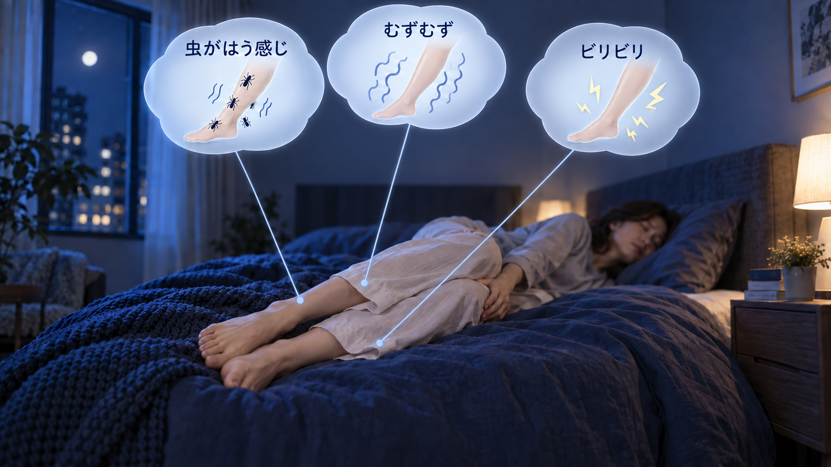 横になった女性の脚から、虫がはう感じ・むずむず・ビリビリの説明へ線が伸びる図