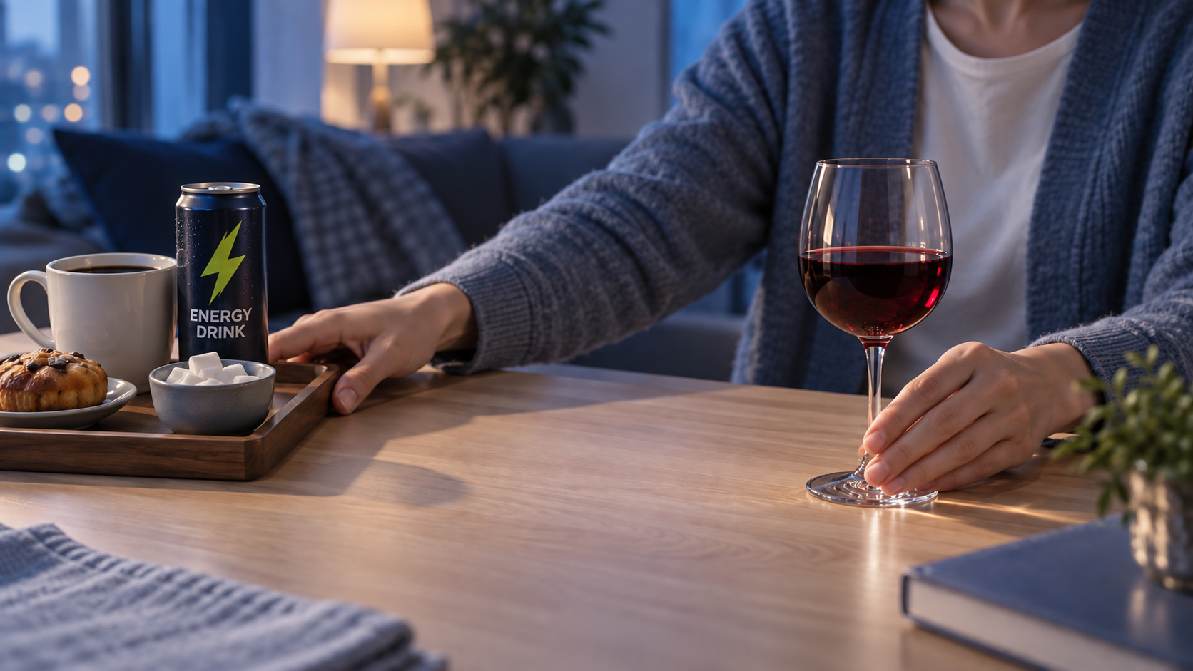 コーヒーとエナジードリンク、赤ワインを控えることを考える場面