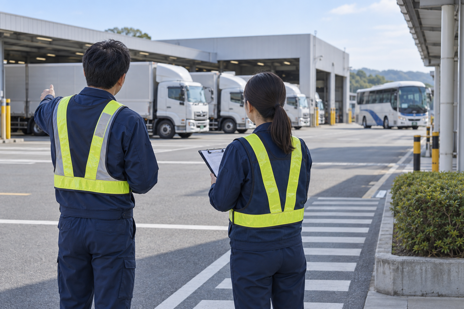 トラック・バスの車庫を巡視する産業医と担当者のイメージ