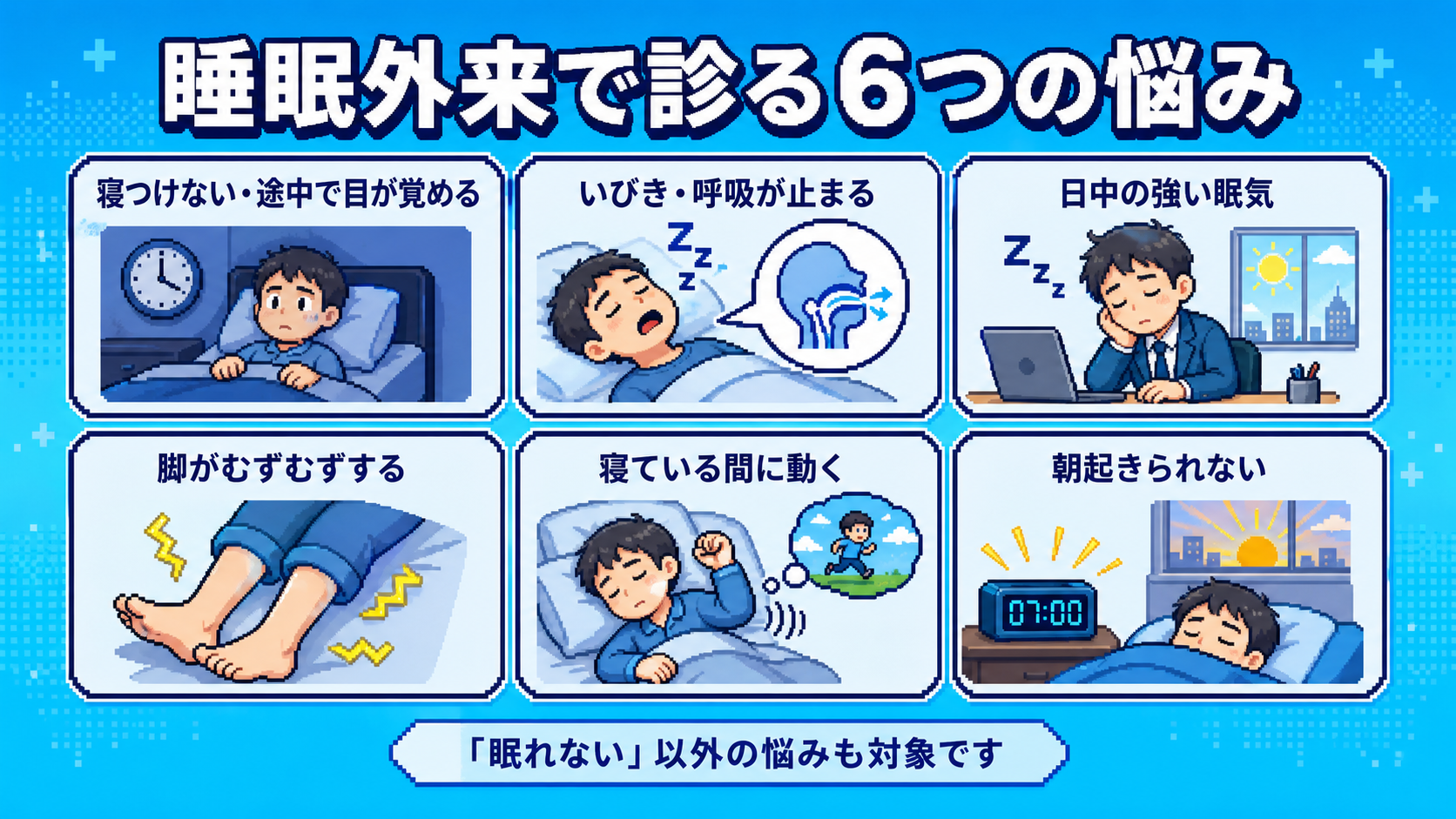 不眠、いびき・無呼吸、日中の眠気、脚のむずむず、睡眠中の動き、起床困難の6つの悩み