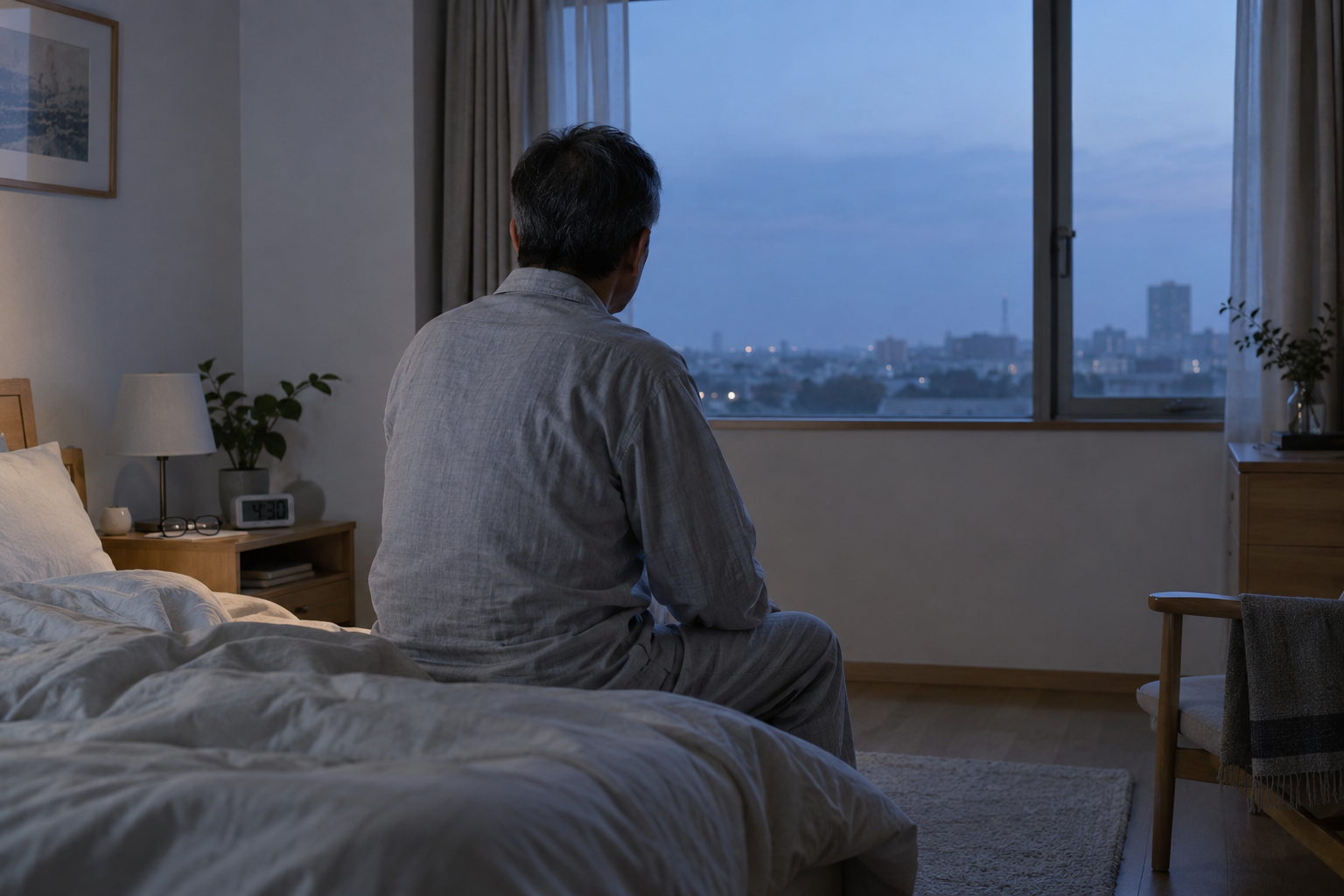 早朝4時30分、予定より早く目覚め、ベッドの端に座って薄暗い窓の外を見ている男性。