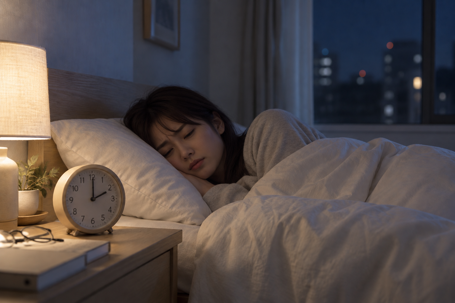 深夜2時の時計のそばで、こちらを向いて横になり、寝つけず眉を寄せている女性。