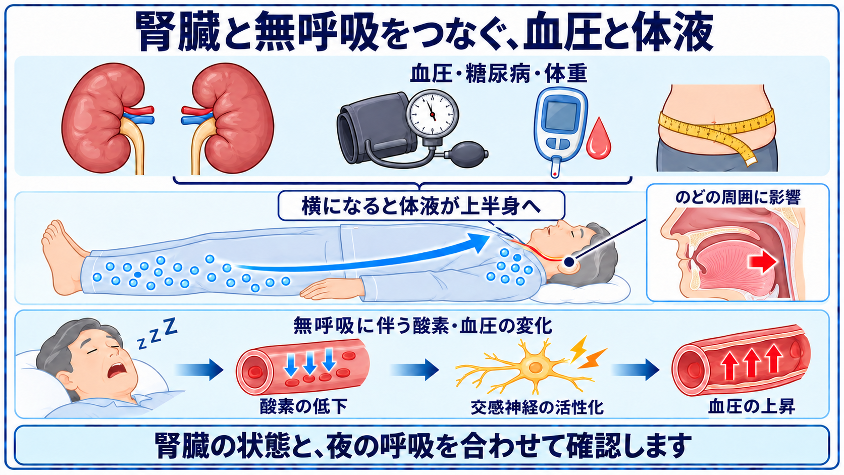 脚にたまった体液の移動や酸素低下が腎臓と夜の呼吸に関わる様子