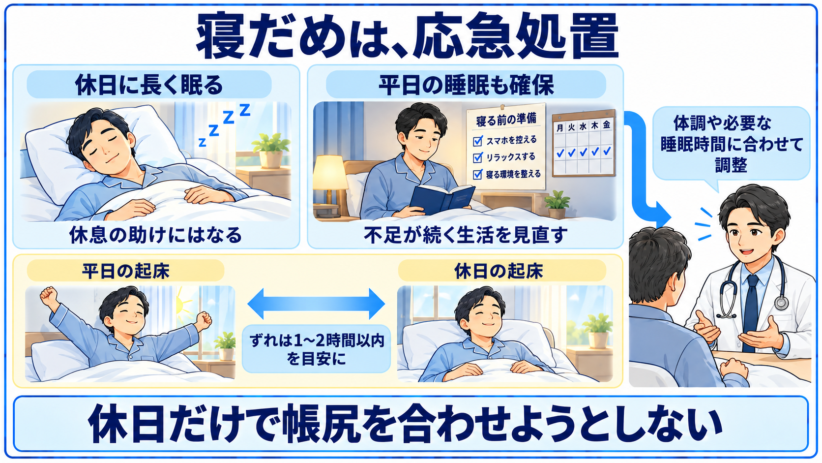 休日の回復睡眠と、平日の睡眠時間の確保を組み合わせる。休日の起床のずれは1〜2時間を目安に。
