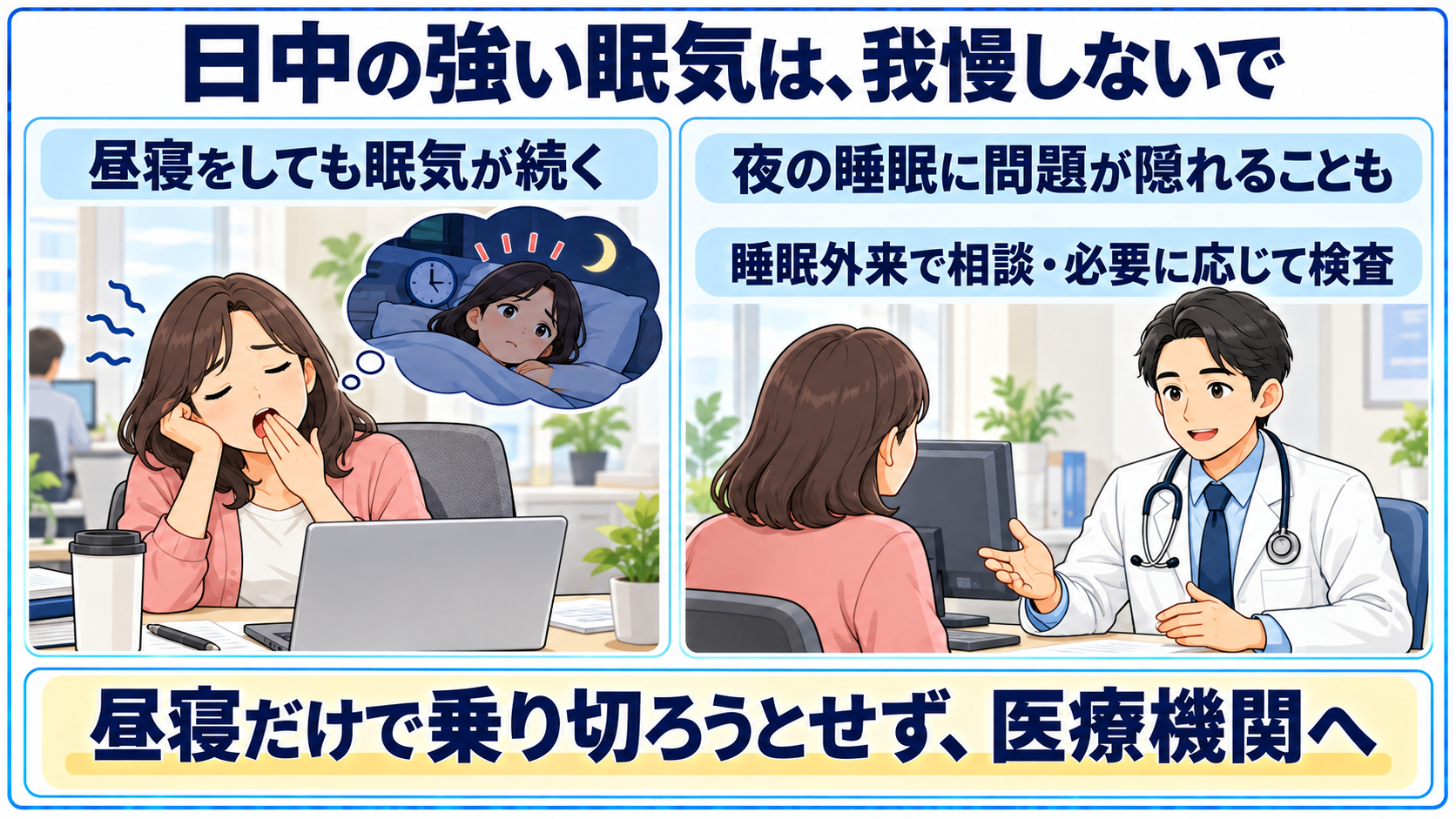 昼寝をしても強い眠気が続くときは、夜の睡眠や睡眠障害を医療機関で相談する。