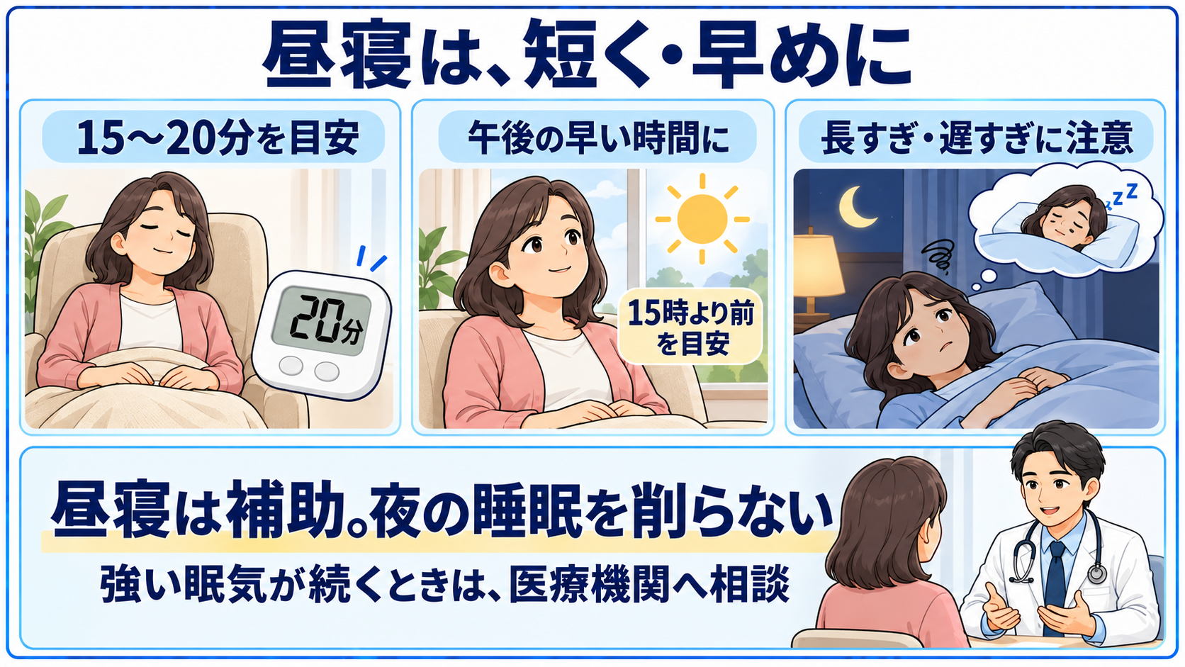 昼寝は午後早めに15〜20分を目安とし、夜の睡眠を削らない。長すぎる昼寝や遅い時間の昼寝に注意。