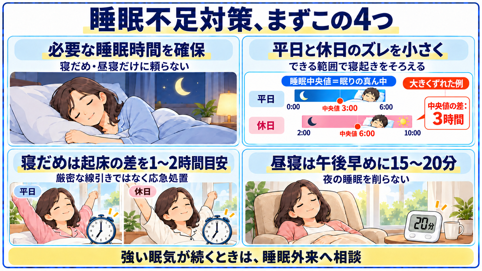 睡眠不足対策の4点。必要な睡眠時間、平日と休日のずれ、休日の起床、短い昼寝を確認する。