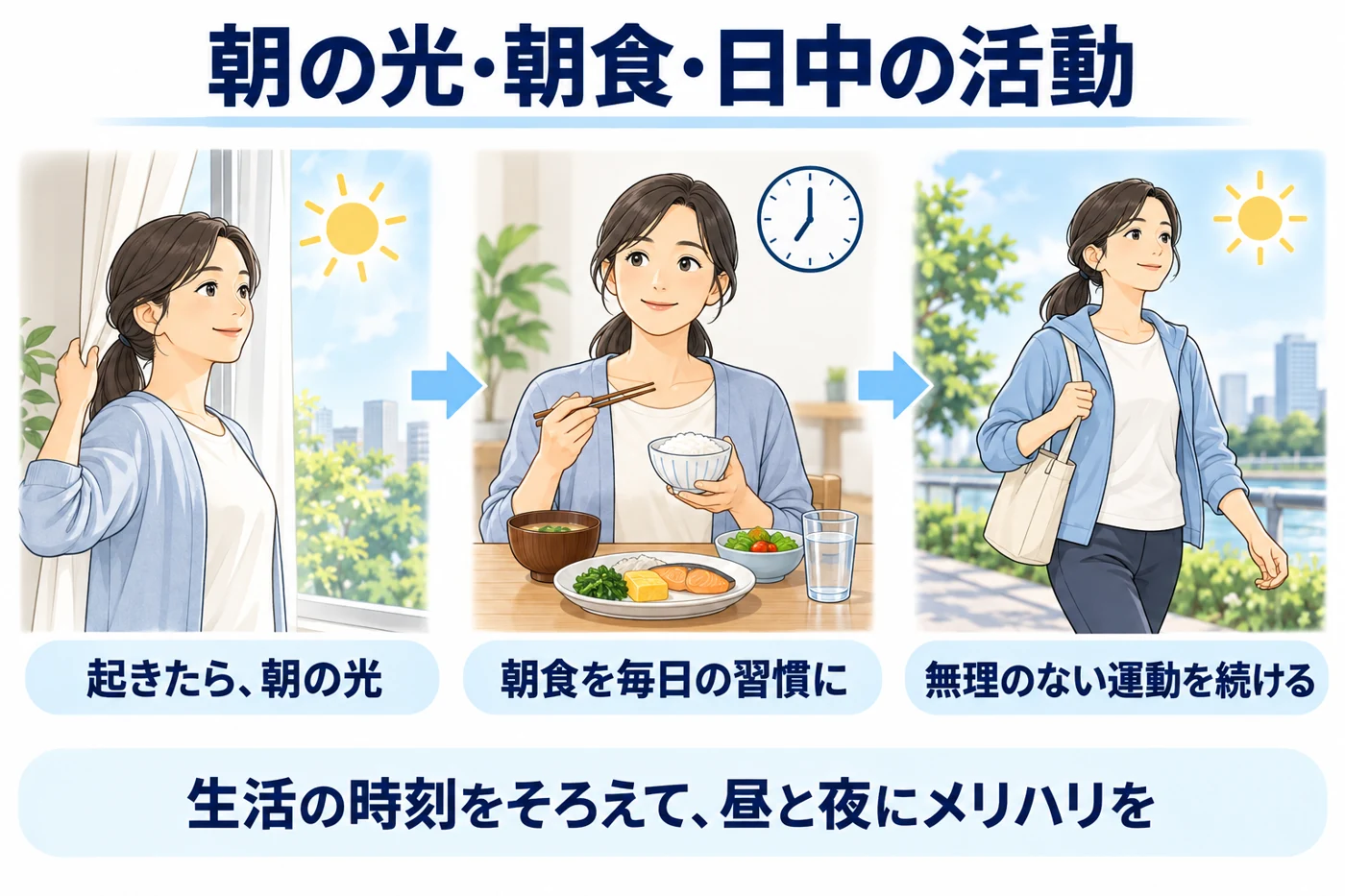 朝の光、朝食、日中の運動を組み合わせた生活リズム