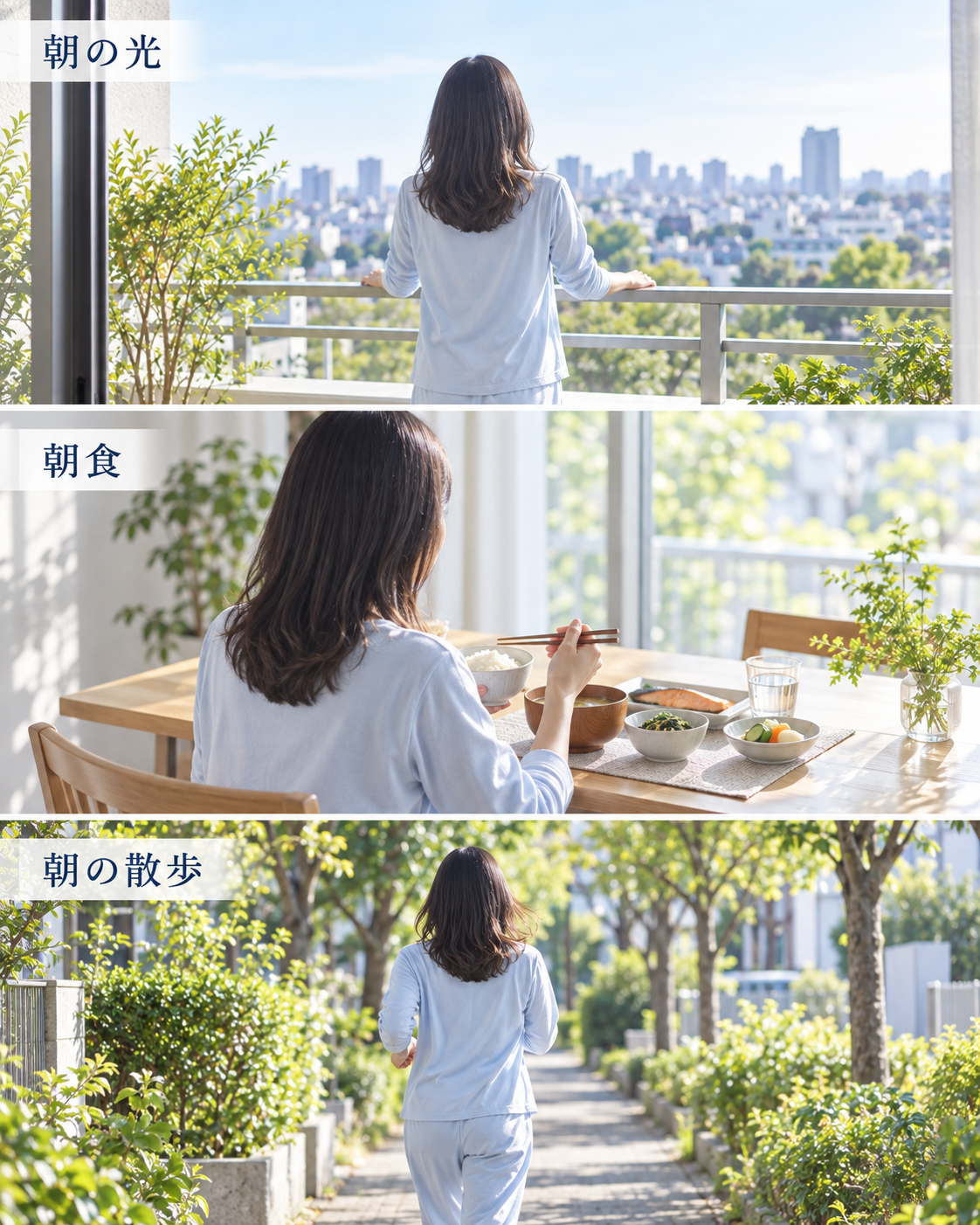 同じ朝の流れで、ベランダで光を浴び、朝食を食べ、屋外を散歩する女性の後ろ姿。
