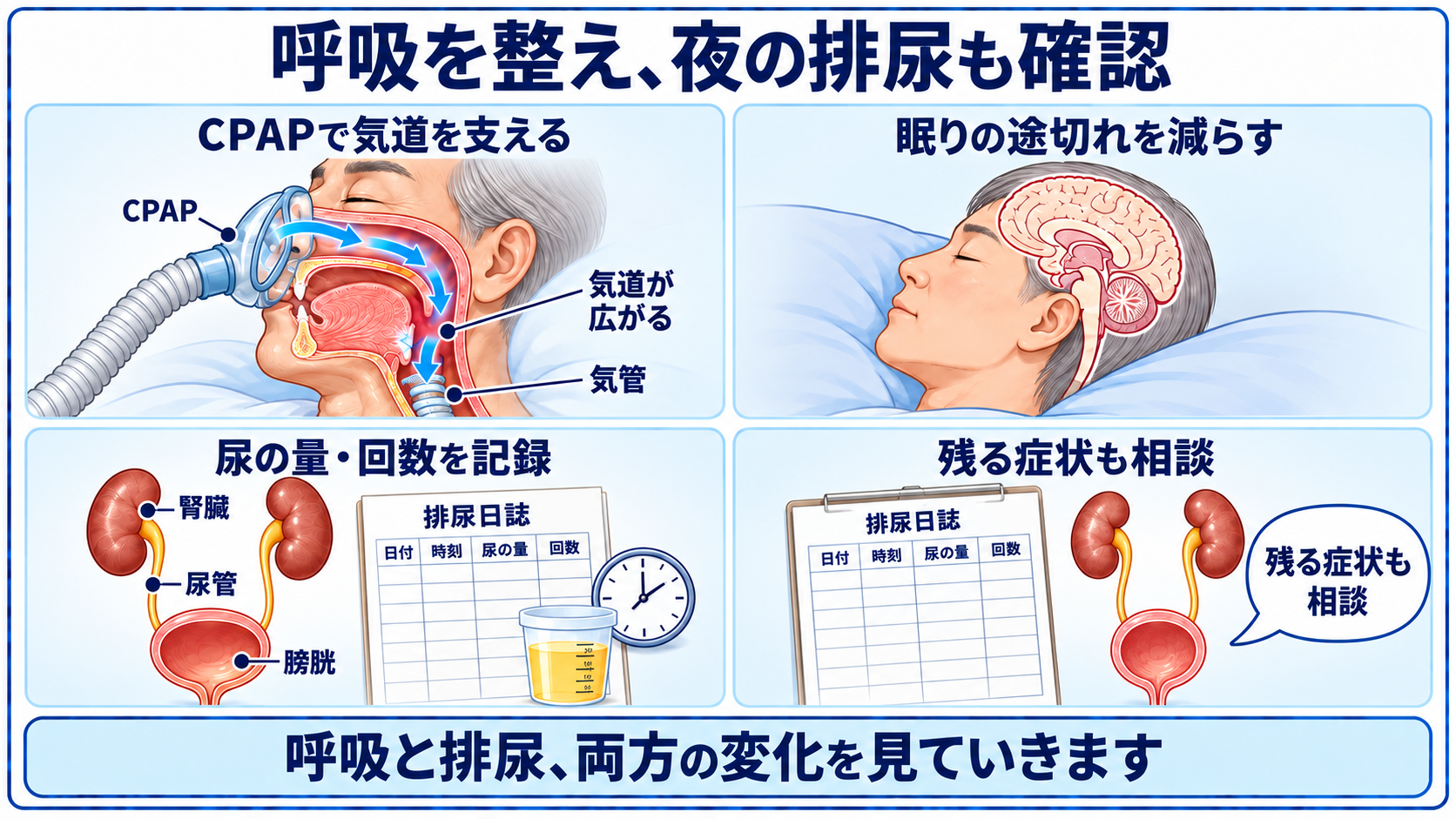 CPAPで夜の呼吸を整えながら排尿の記録を医師と確認する様子