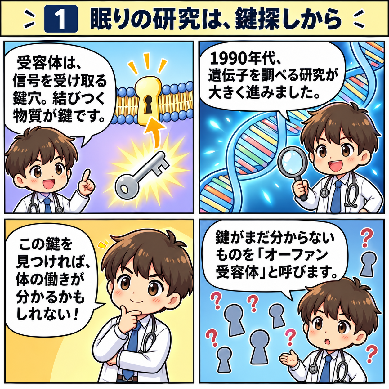 1.眠りの研究は、鍵探しから。遺伝子研究が広がった1990年代。相手の分からない受容体から、結びつく物質を探しました。