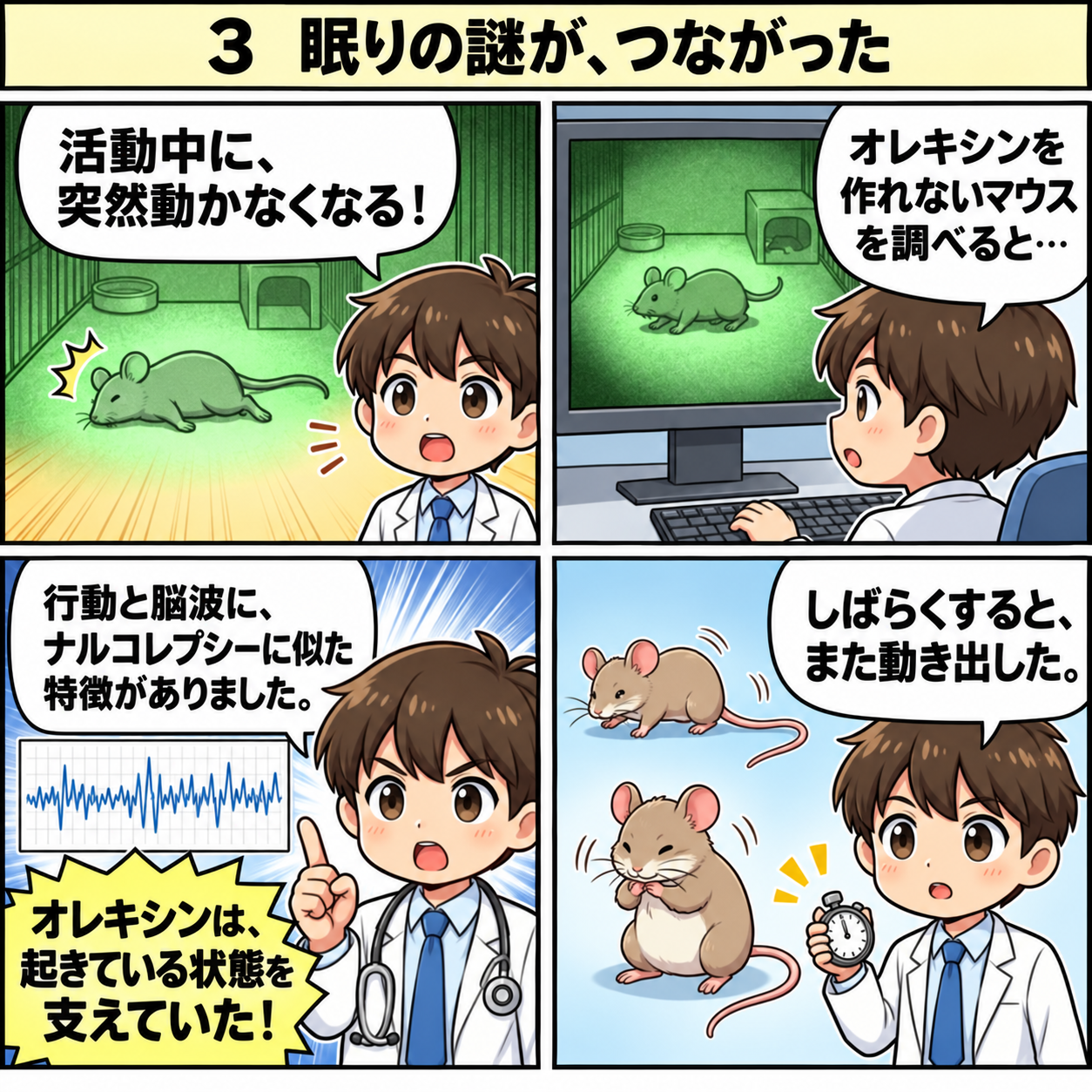 3.眠りの謎が、つながった。オレキシンを作れないマウスの行動と脳波が、ナルコレプシーの研究につながりました。
