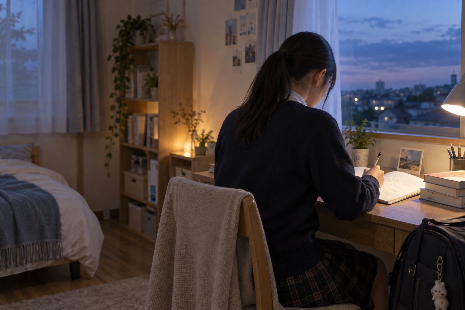 夕方、自宅の机でノートを開く高校生の後ろ姿